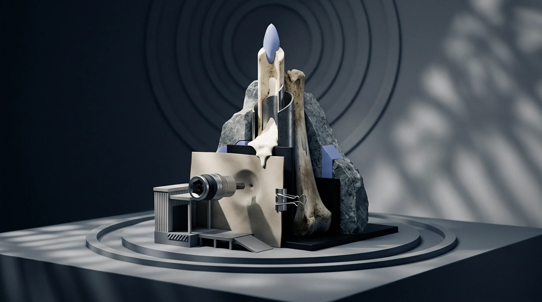 This digital render shows an abstract mix of bone rock and manufactured items like a lens and drill bit on a tiered platform.