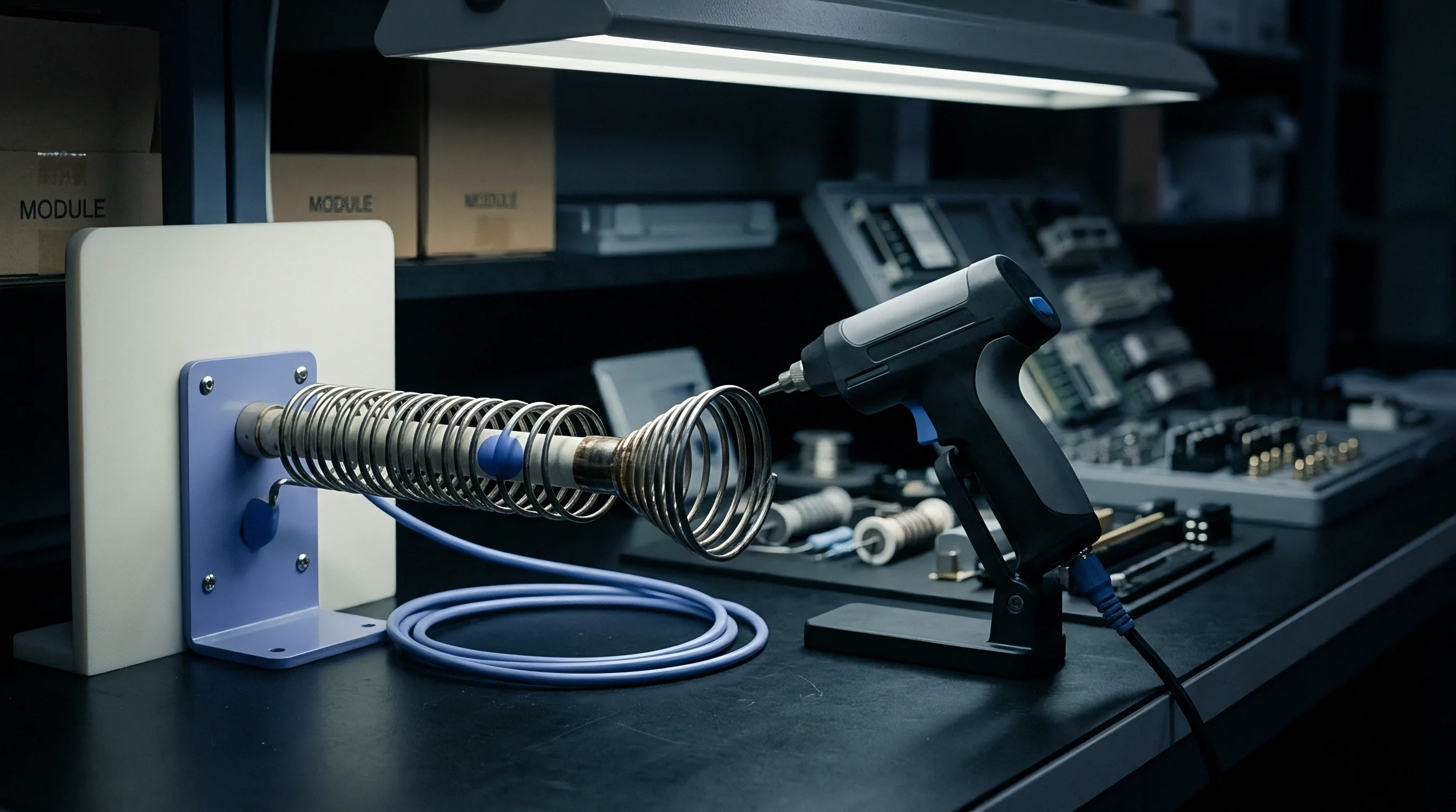 Helical antenna prototype mounted on a ceramic fixture sits beside a calibration instrument on a dark industrial workbench.