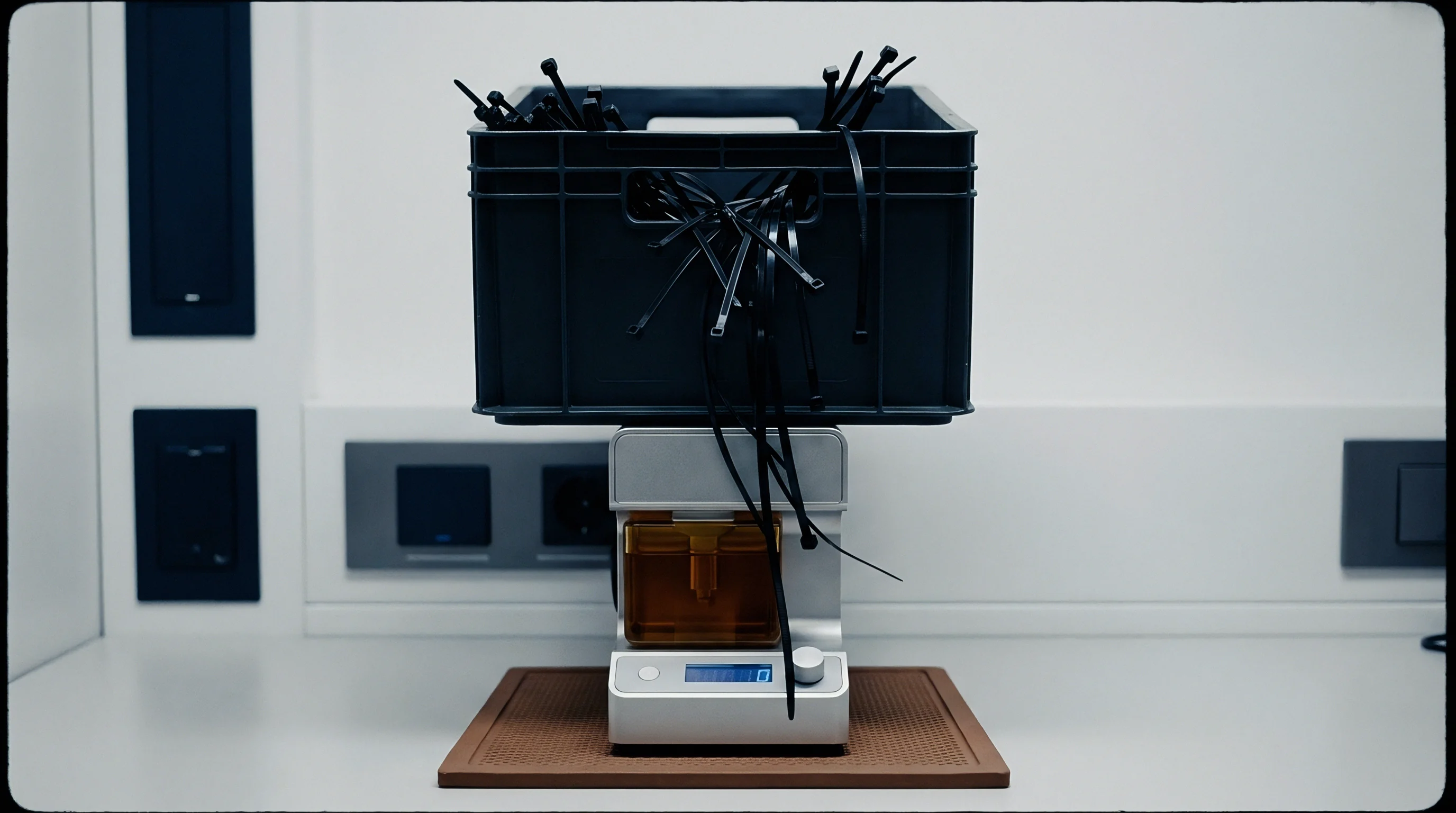 A plastic utility crate filled with polymer cable ties rests on an automated dispensing fixture inside a manufacturing test environment.