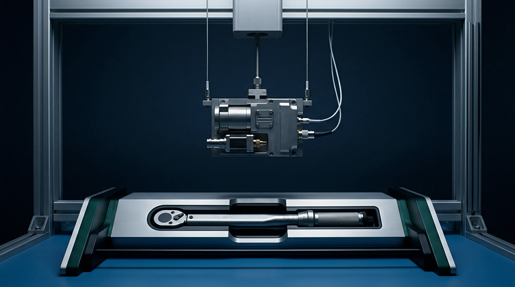 An industrial calibration unit hangs suspended above a metal torque wrench resting within a precision cradle on a blue workspace surface.