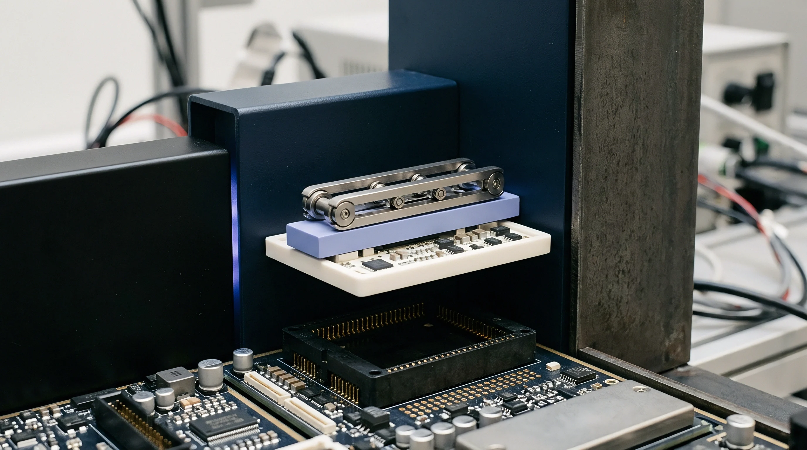A precision automated assembly clamp holds a circuit board above a test socket during integration testing within a radio module manufacturing facility.