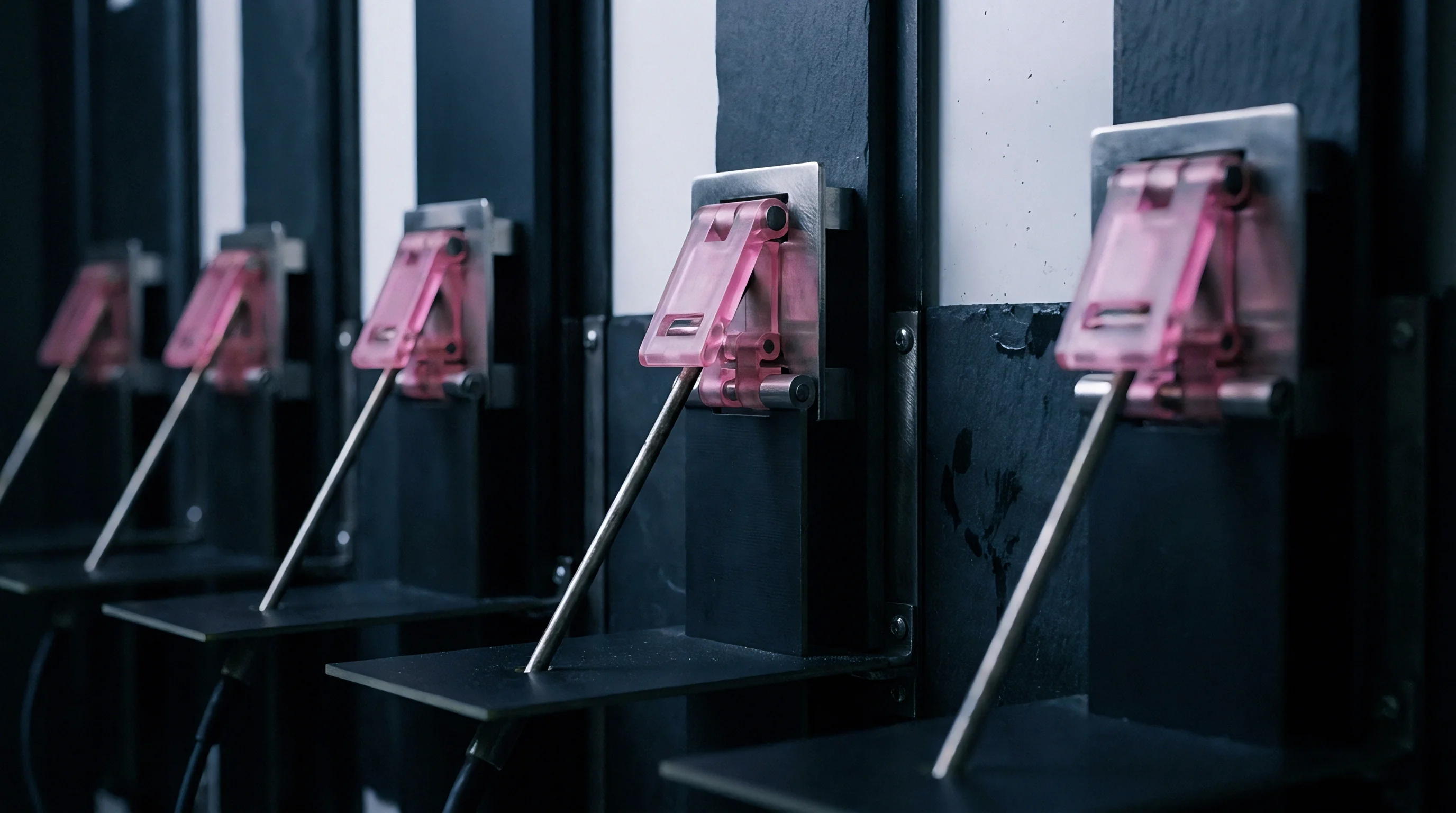 Five mechanical test probes with protective magenta casings stand mounted on vertically aligned metal plates along a dark segmented industrial track.