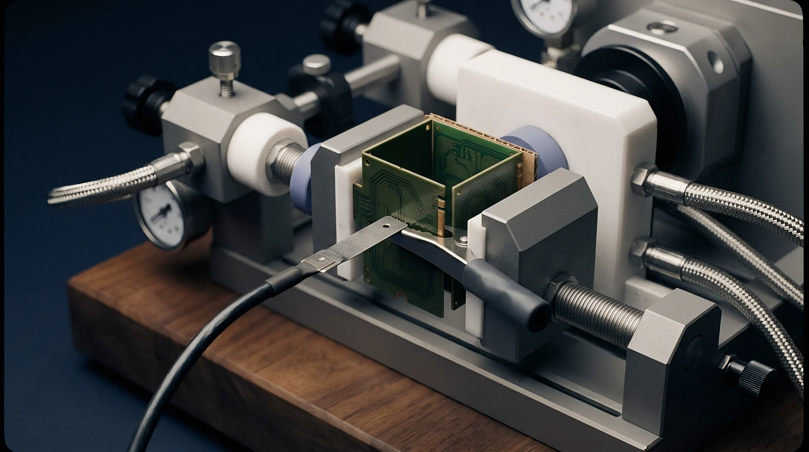 A 3D render shows a modular printed circuit board assembly clamped inside a pneumatic test fixture on a wooden workbench.
