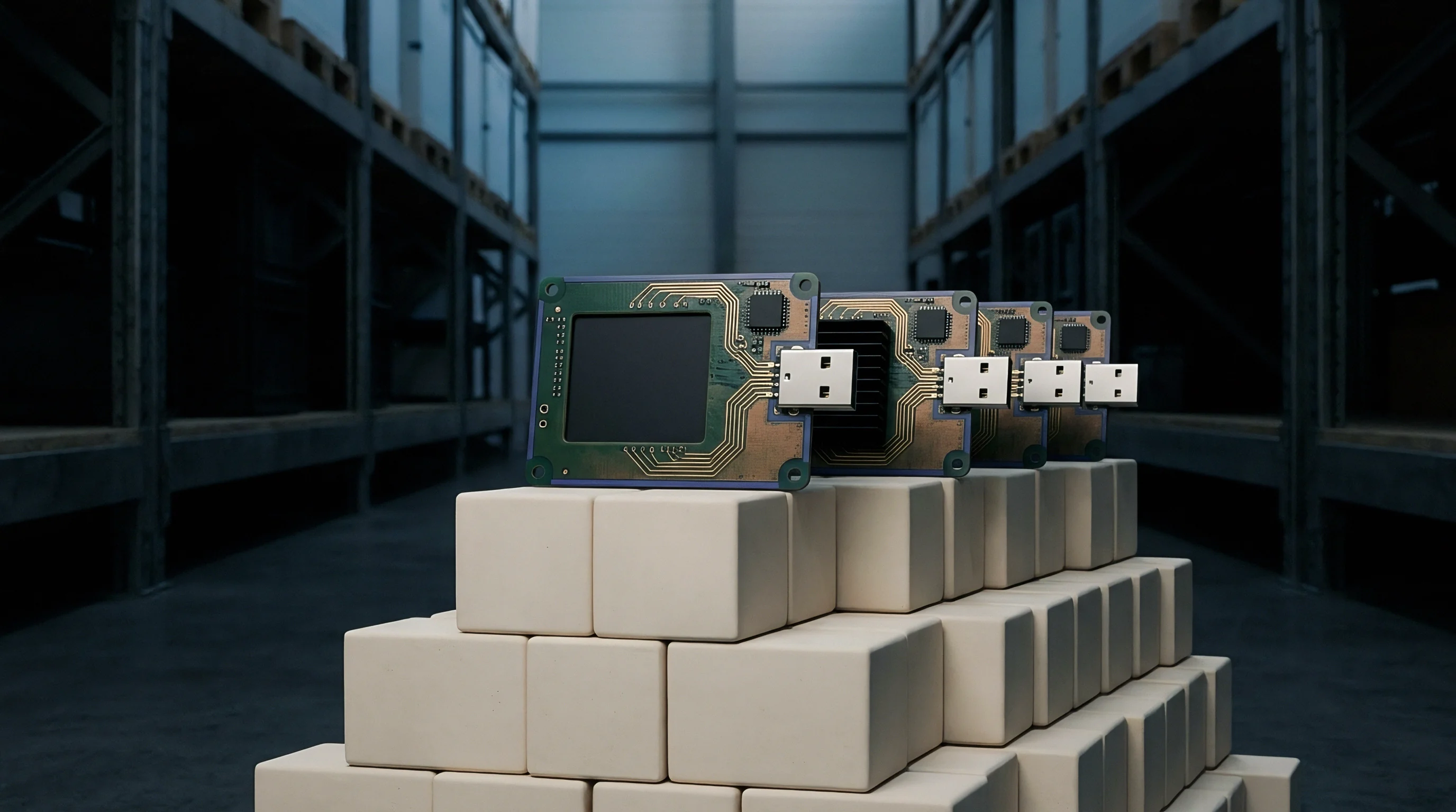 Uniform circuit board modules with integrated usb connectors rest upon a stack of white blocks within a spacious industrial warehouse storage facility.
