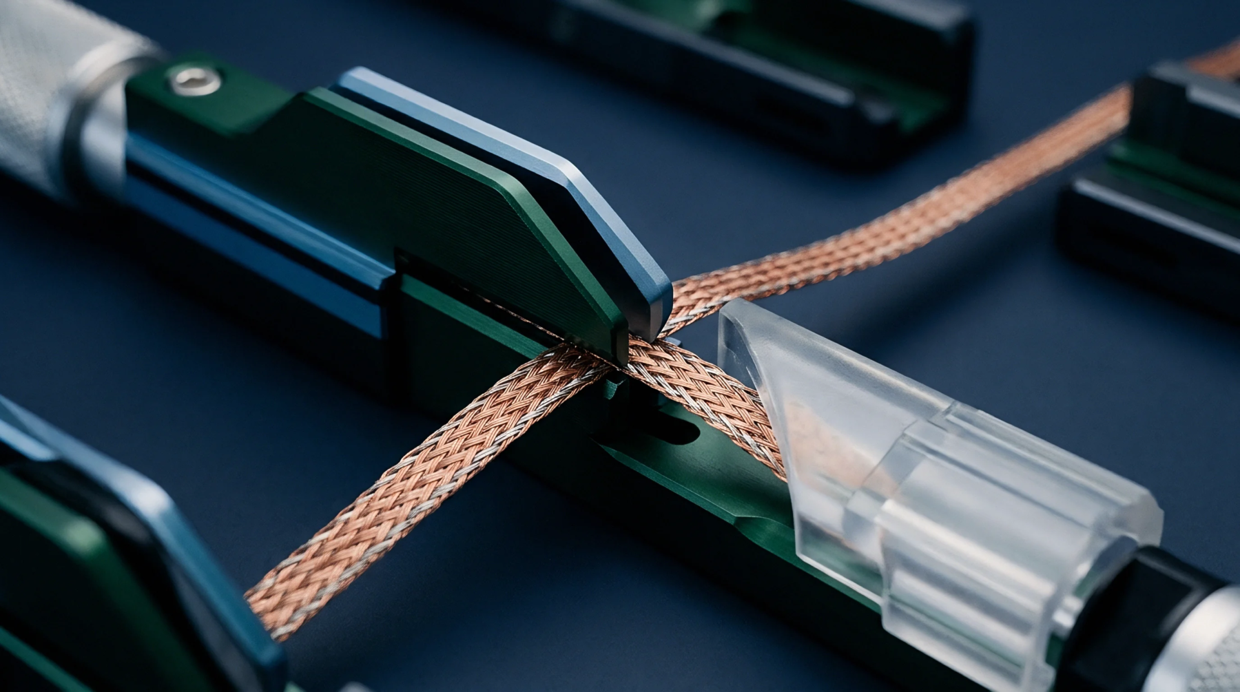 A close-up shows a braided copper cable shield being fed through specialized tooling for preparation.