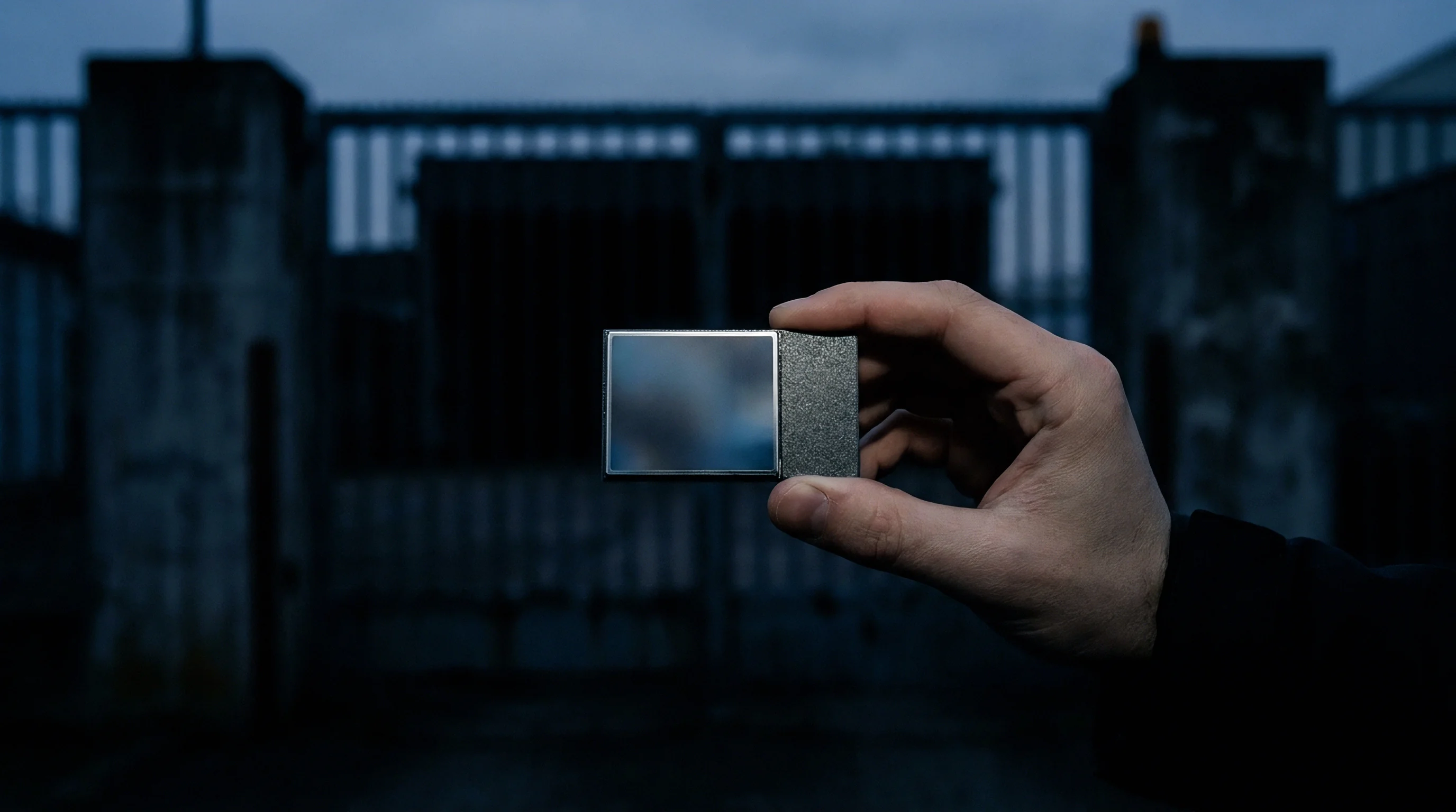 A hand holds a rectangular connectivity module with a reflective surface in front of a dark industrial gate under a dim sky.