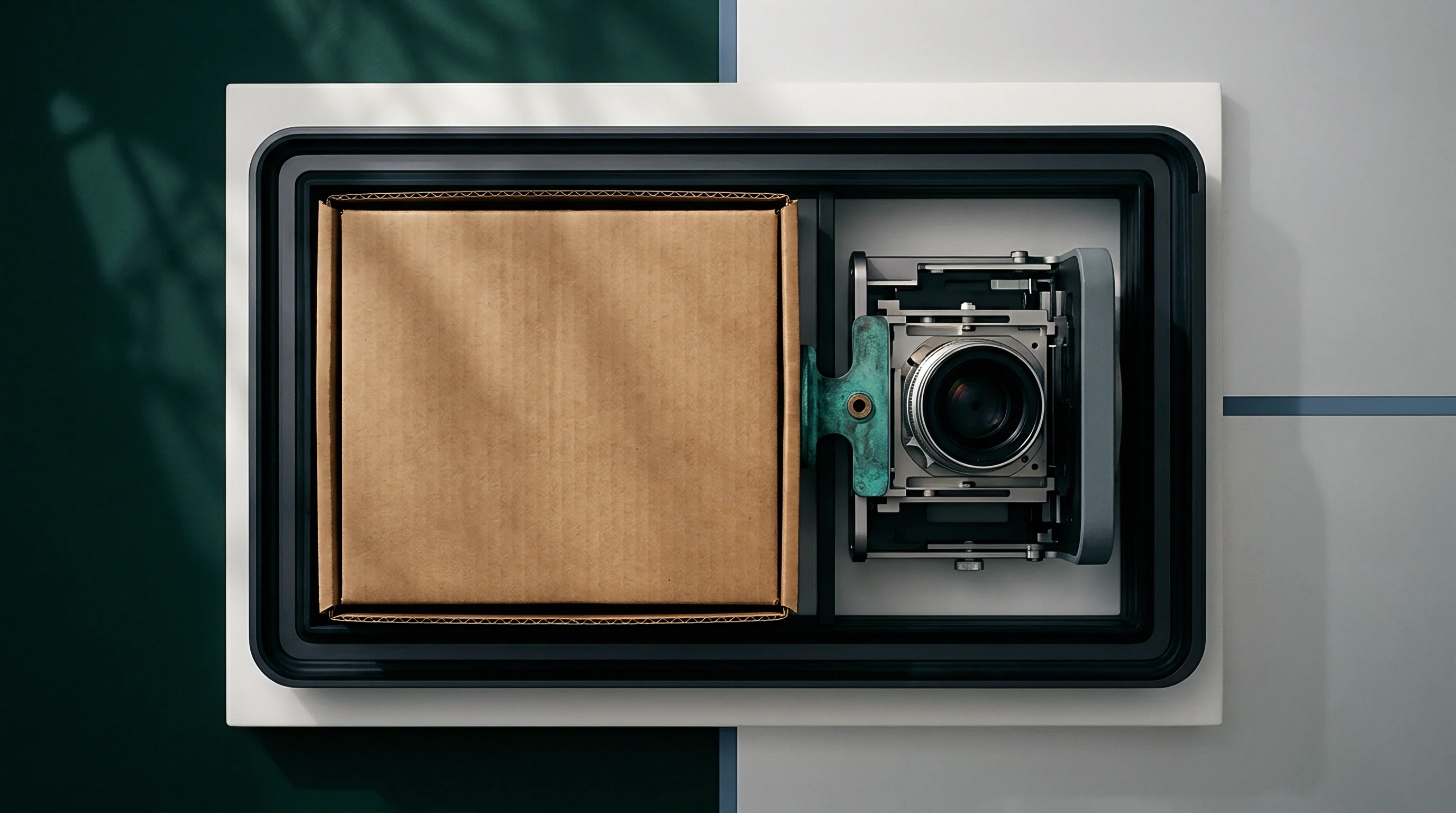 An overhead graphic presents a packaged component situated next to a lens assembly within black framing on a divided color surface.