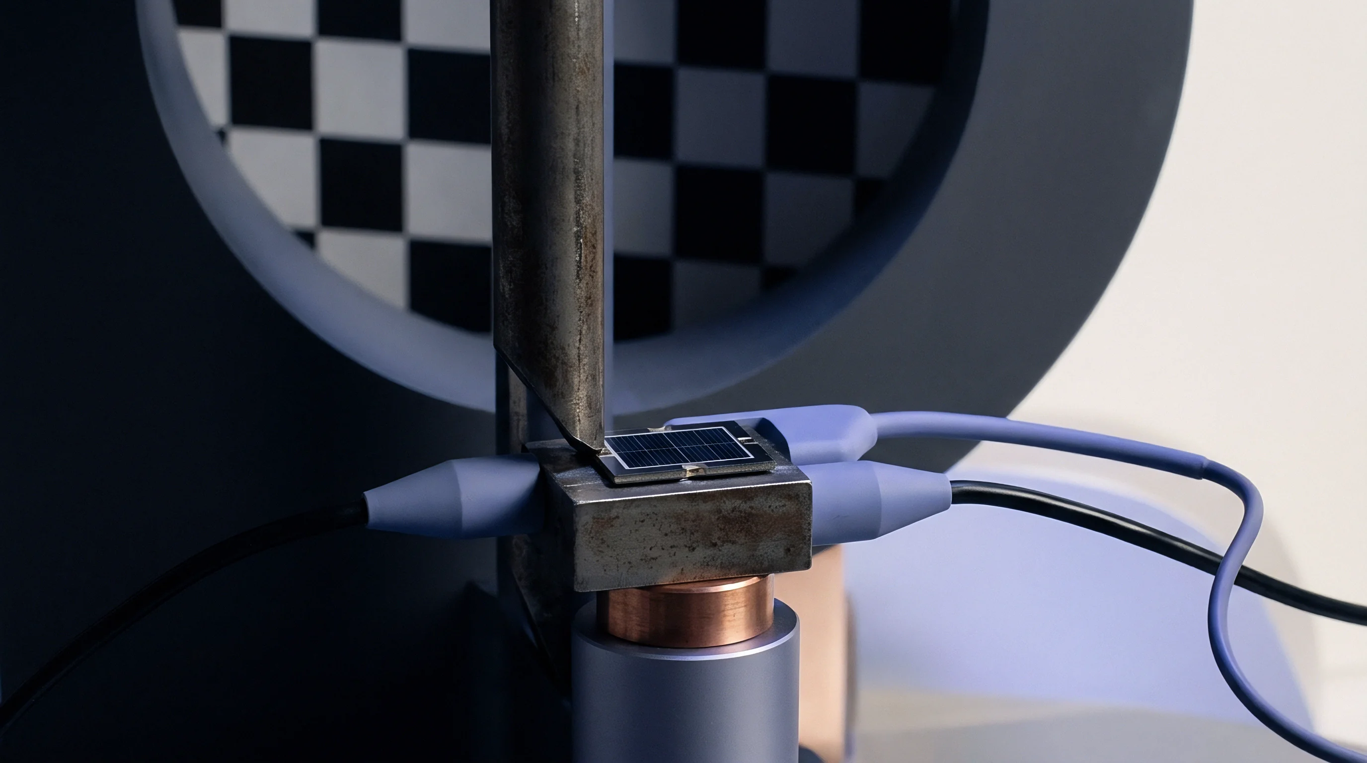 A small square integrated module rests on a metallic testing plate while connected to multiple purple shielded cables inside a specialized laboratory.