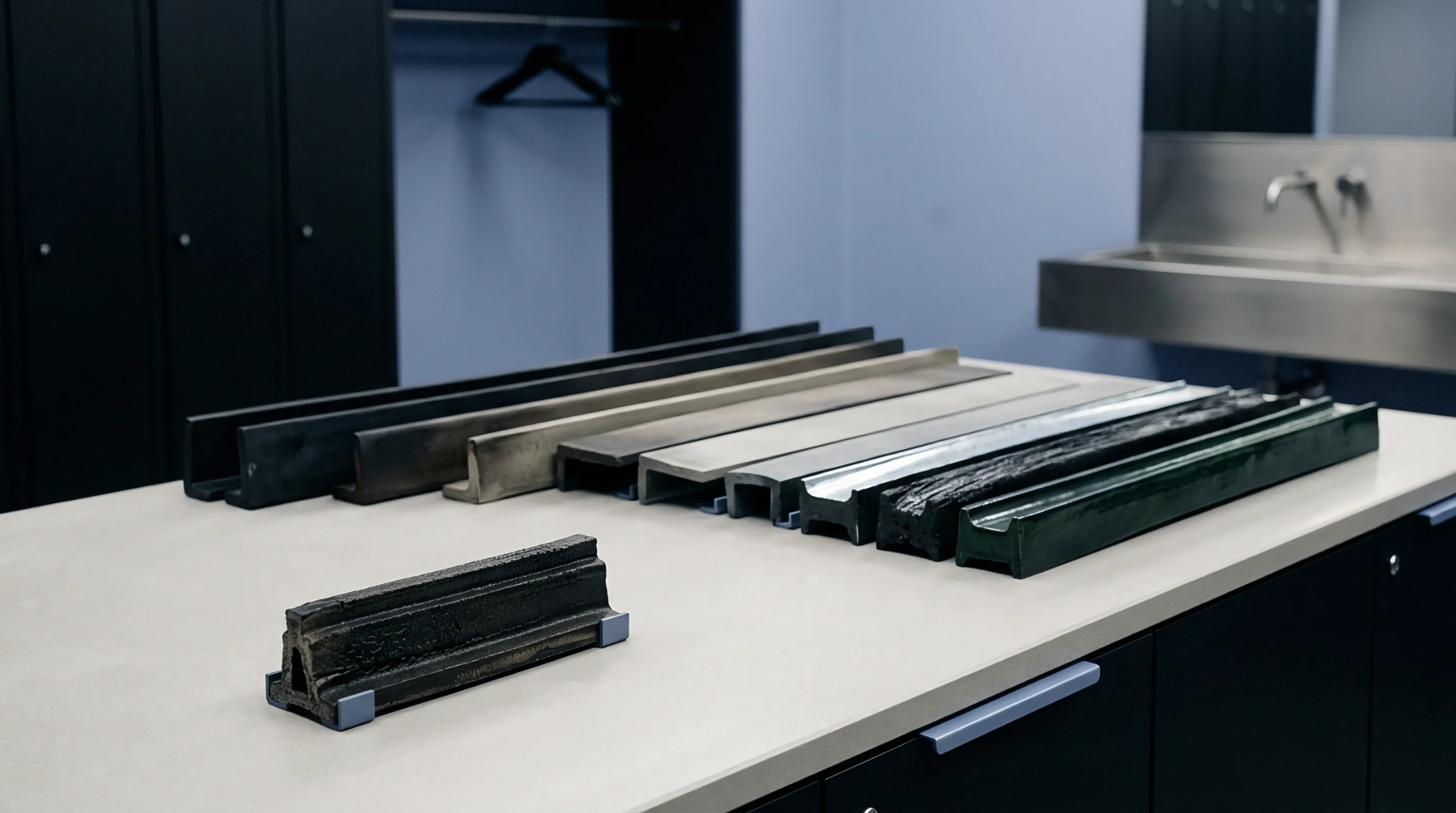 Multiple structural radome material samples in varying cross sections rest on a laboratory workbench surface beside wall cabinets and a stainless steel sink fixture.
