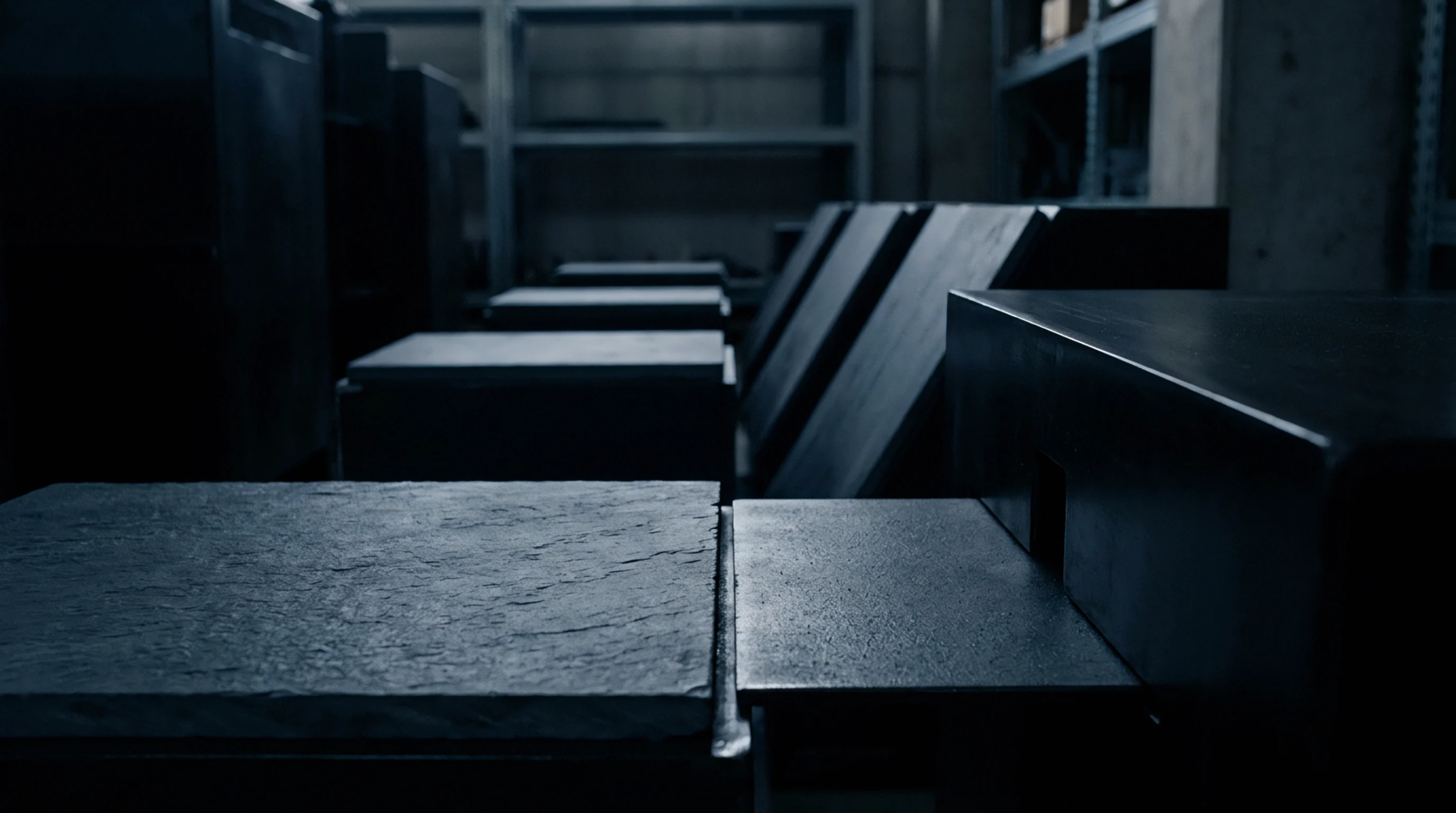 Dark textured rectangular composite blocks rest on metal surfaces within a dim industrial facility featuring rows of heavy storage shelving.