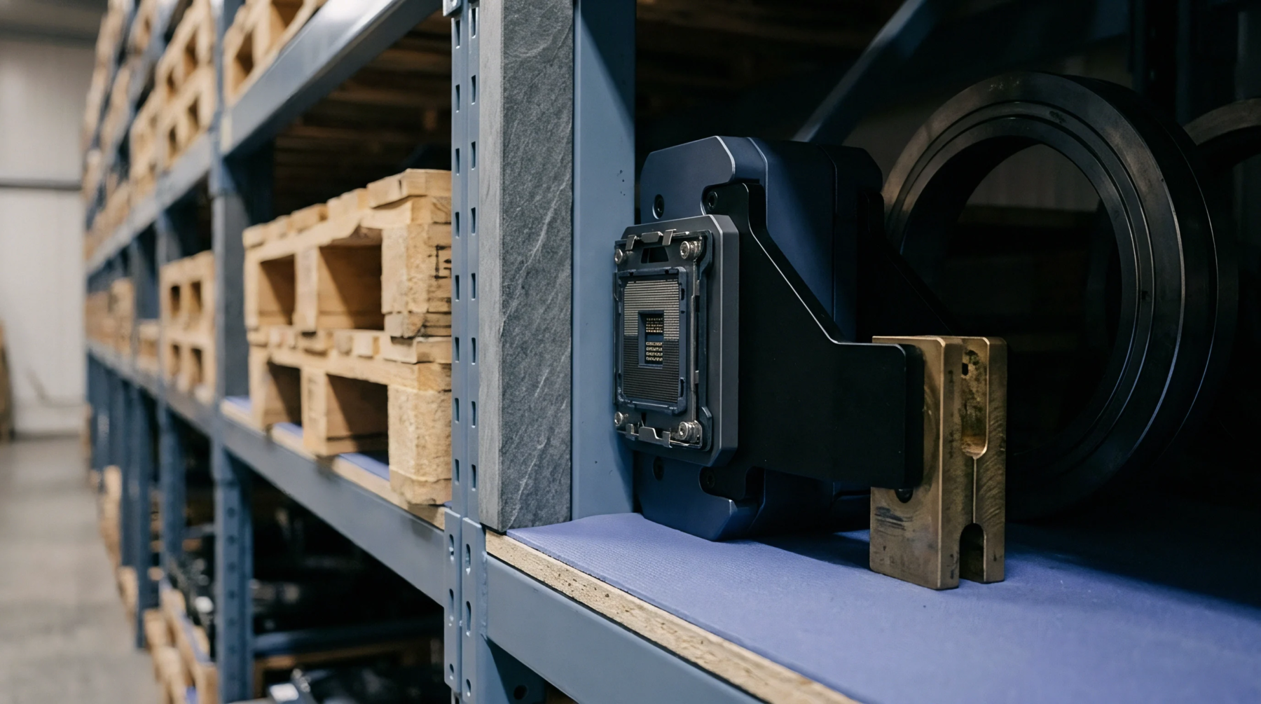 Industrial metal shelving supports a blue electronic test fixture featuring a populated processor socket and brass grounding block inside a manufacturing facility.