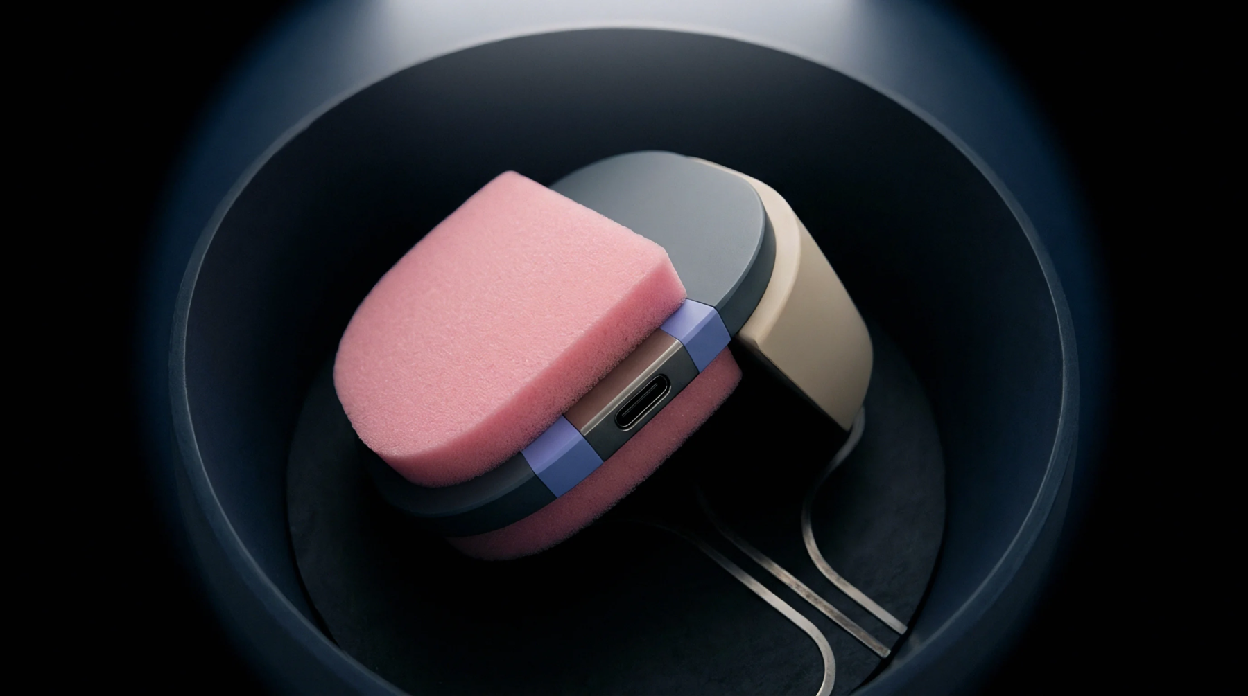 A connectivity module featuring a USB type C port is nestled inside pink protective foam within a dark circular production testing chamber.