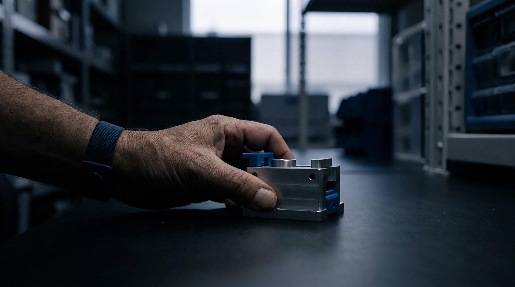 A person's hand with a blue wristband carefully holds a small, precisely machined aluminum housing with blue plastic inserts.