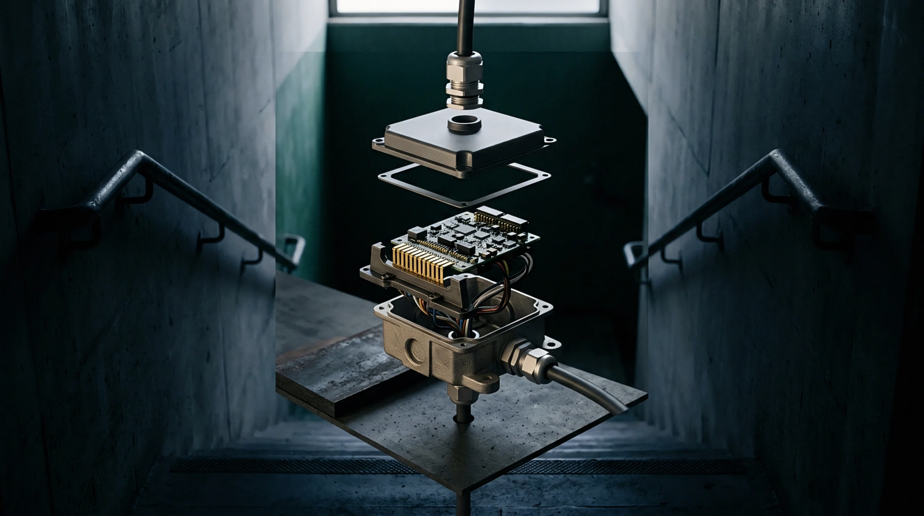 Internal hardware assemblies of an industrial connection device hang vertically above a metallic junction box within a dark concrete stairwell.