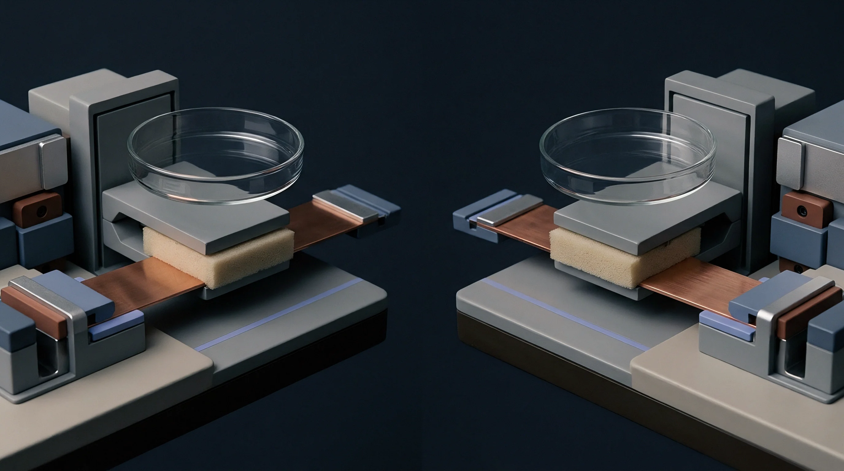 A rendered illustration presents two symmetrical test setups each with a clear glass dish positioned over a flexible copper conductor.