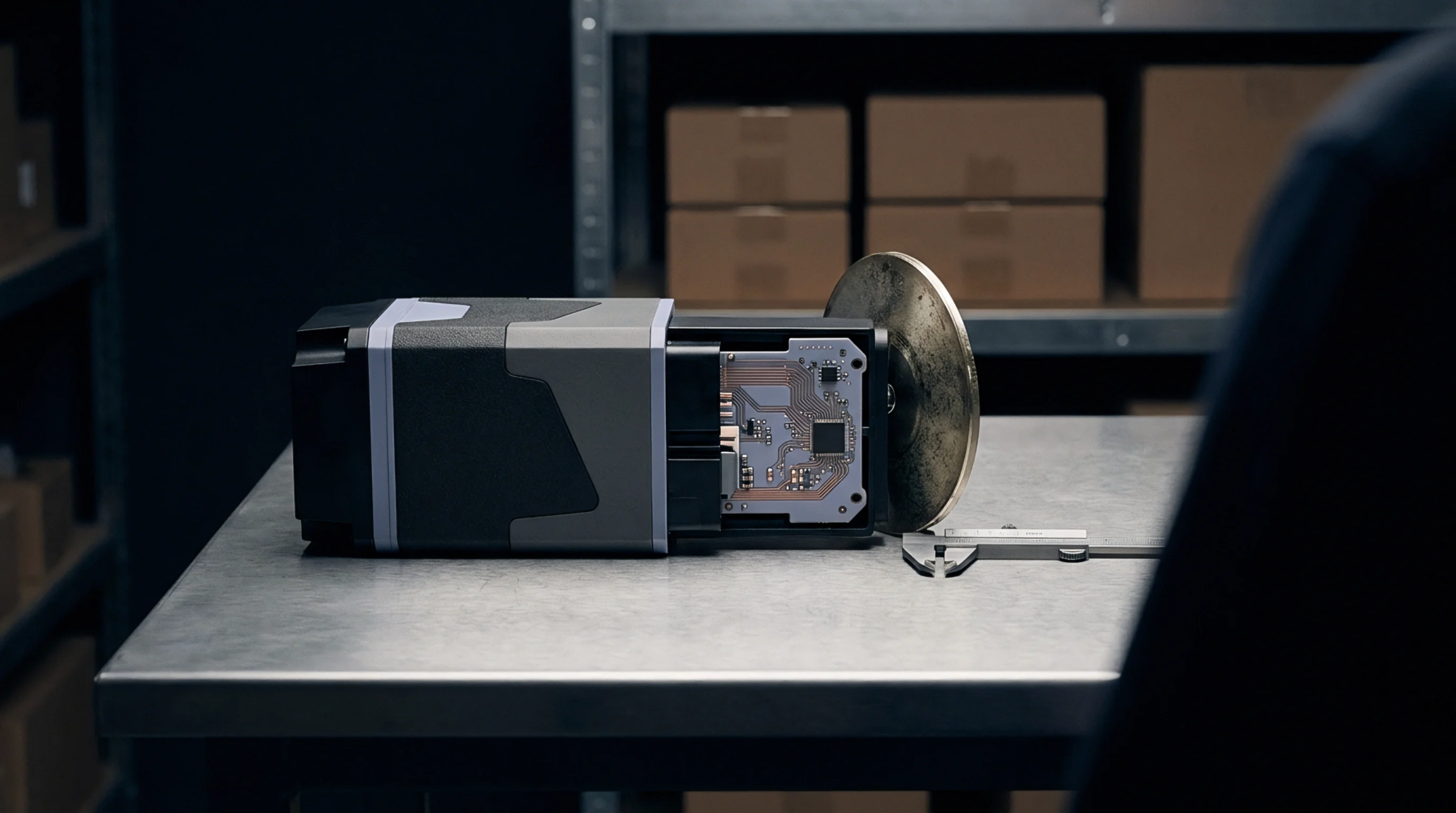 A partially assembled electronic hardware module rests on a stainless steel workbench inside an industrial warehouse storage facility.