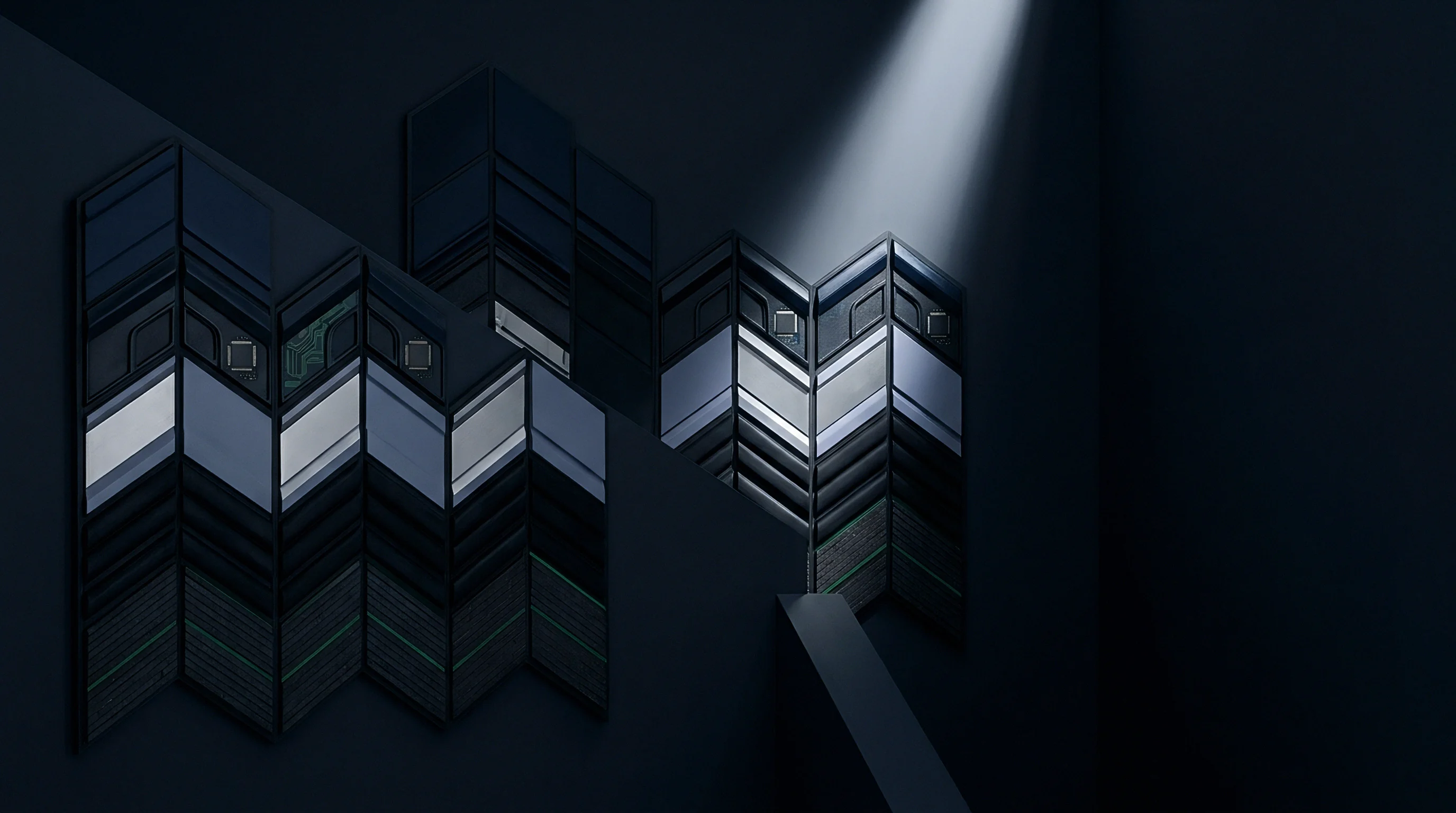 A digital render features chevron shaped connectivity modules with integrated circuitry and metallic surfaces mounted on dark geometric panels under a single spotlight.