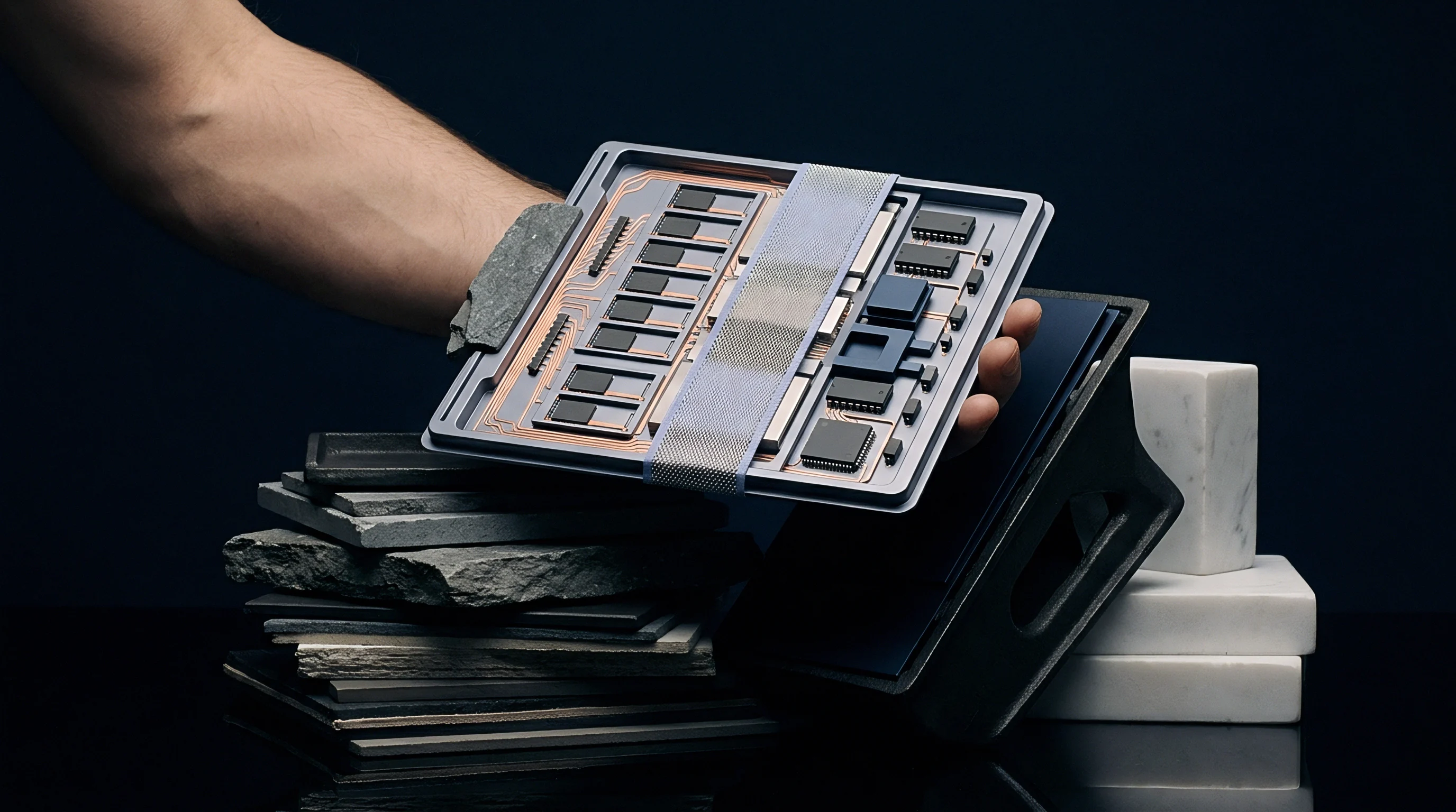 A human hand presents a modular electronic circuit board assembly with exposed microchips and copper traces resting near stacked slate and marble blocks.