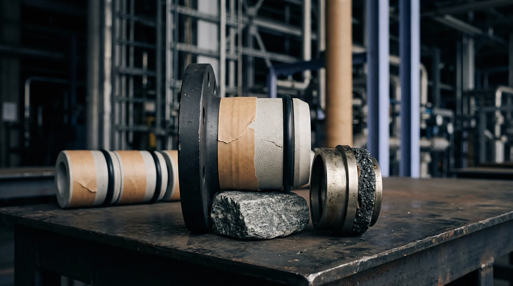 Heavy industrial metal fittings and rubber seals rest on a workshop workbench inside a module manufacturing facility.