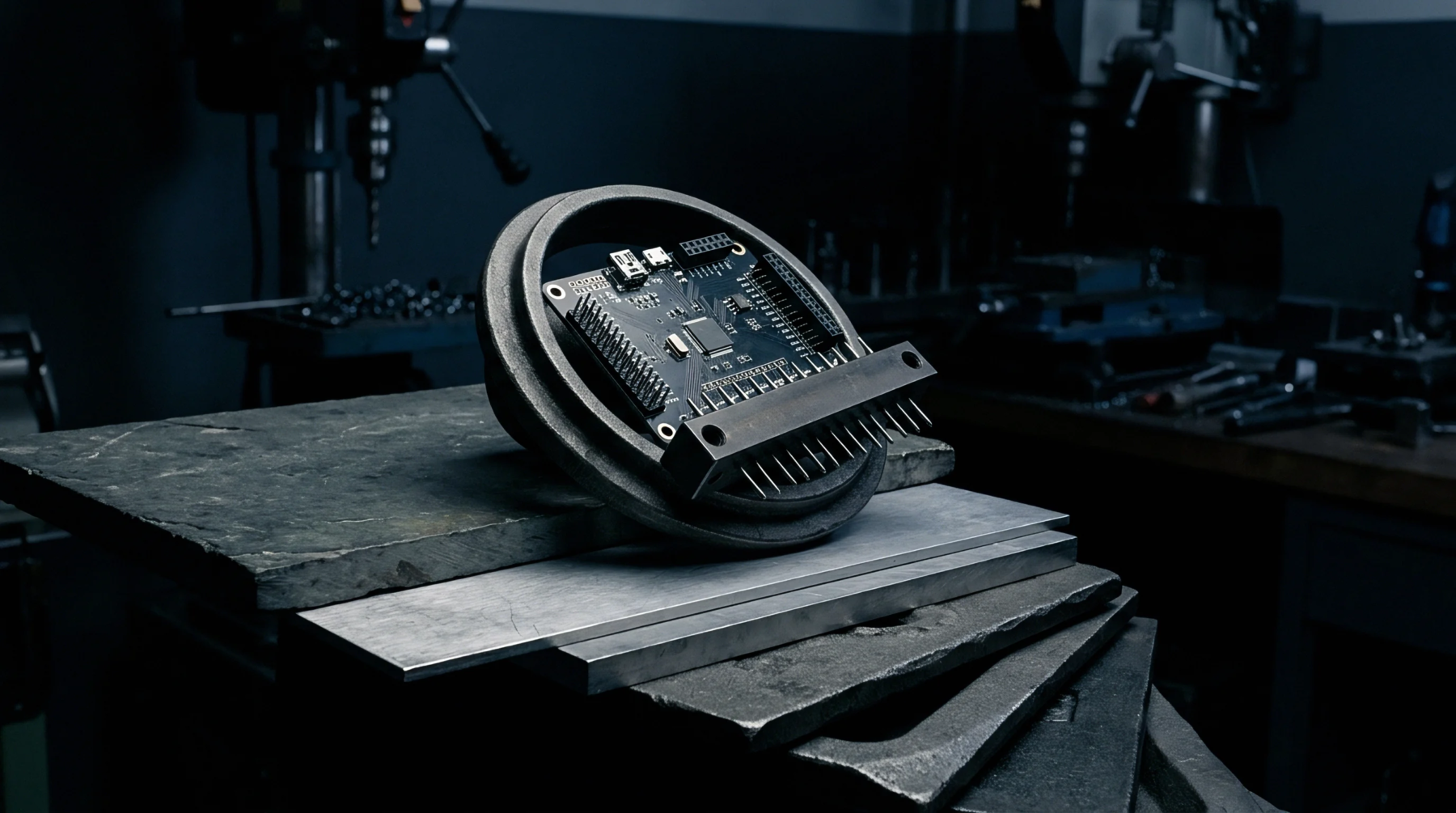 A printed circuit board with soldered pin headers sits mounted within a circular metal fixture resting on heavy steel plates in a workshop.
