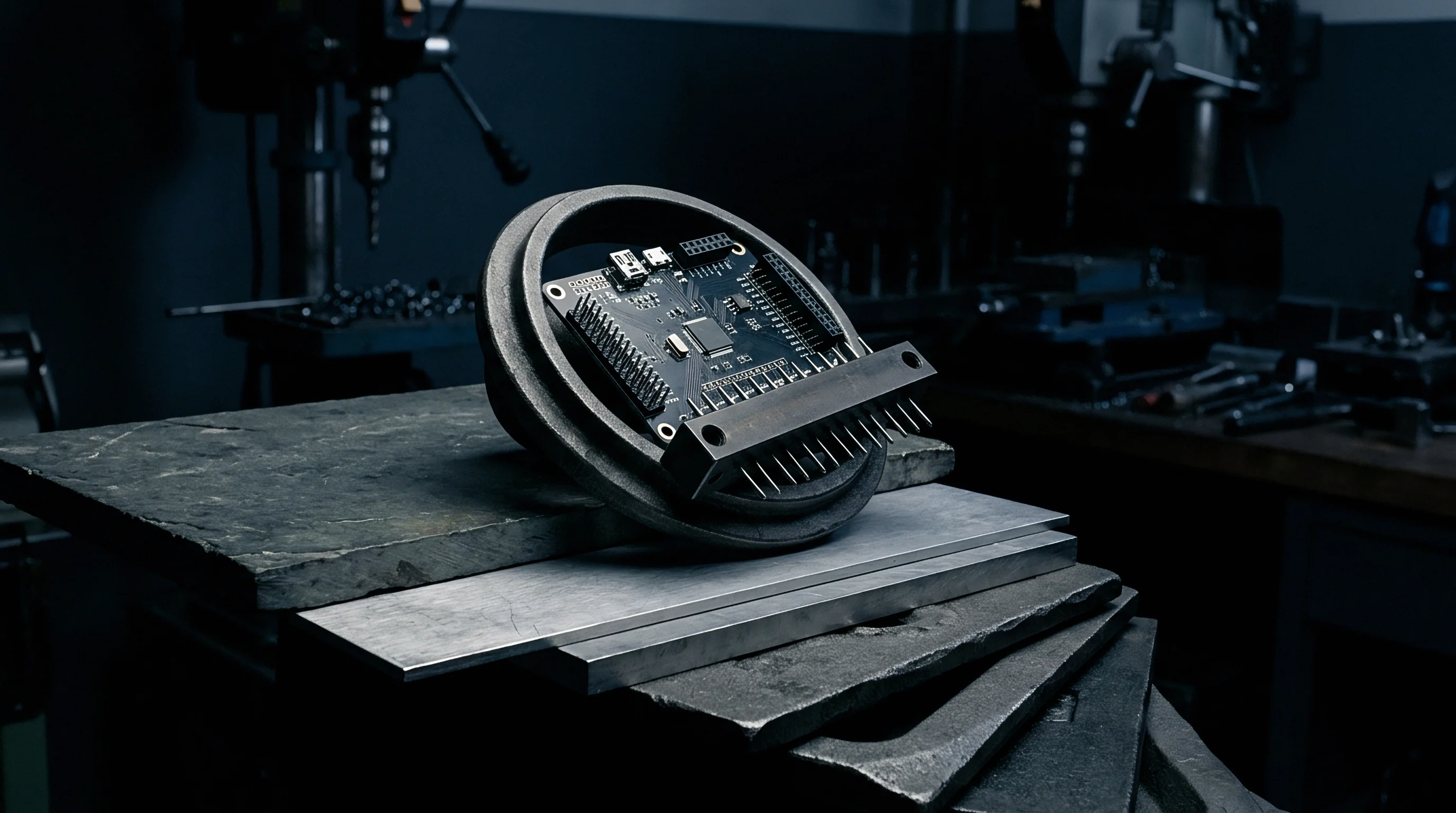 A printed circuit board with soldered pin headers sits mounted within a circular metal fixture resting on heavy steel plates in a workshop.