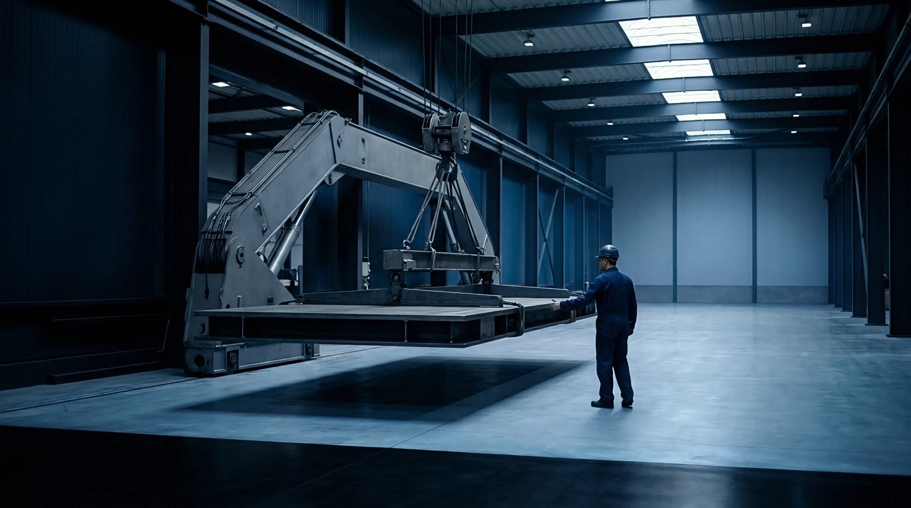 A worker oversees a heavy industrial crane lifting a large steel assembly on the production floor of a manufacturing facility.