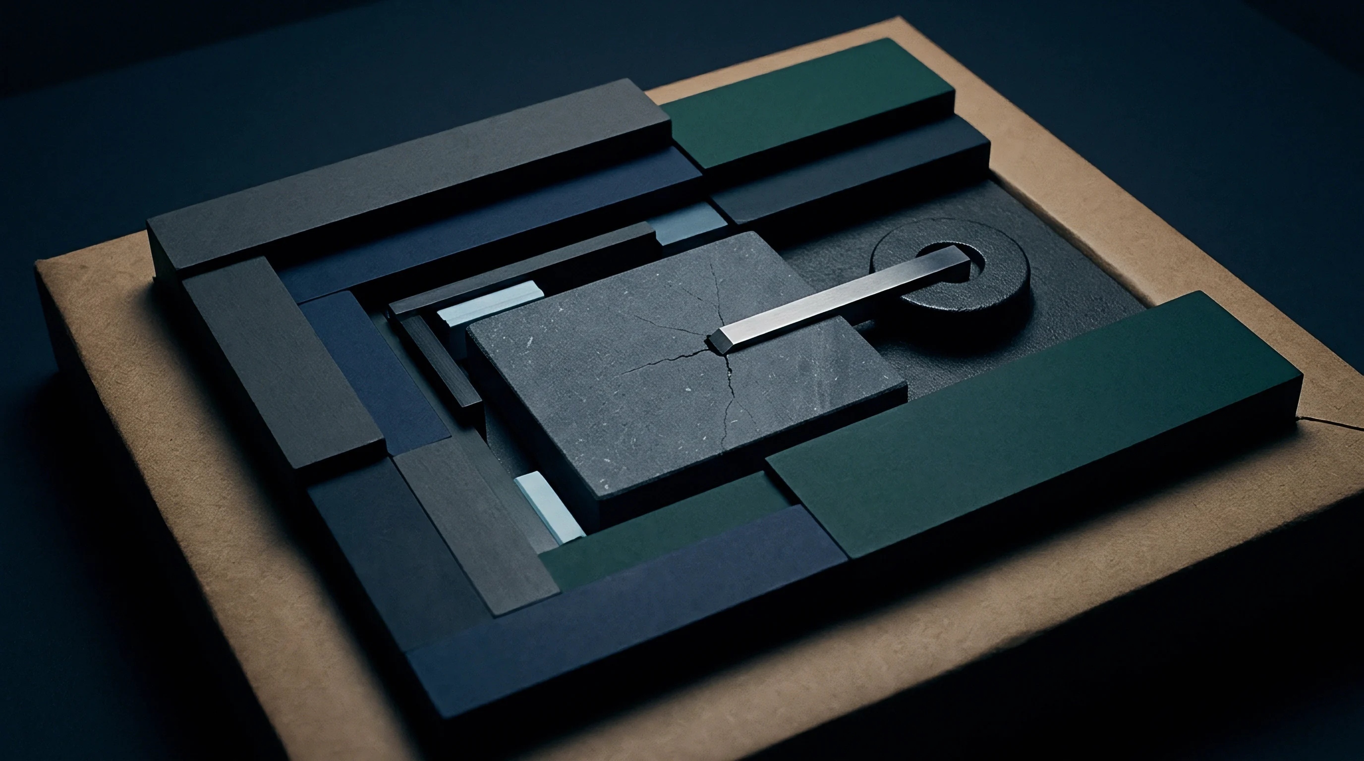 Geometric blocks in grey blue and green sit arranged around a central textured module on kraft paper within a digital render.