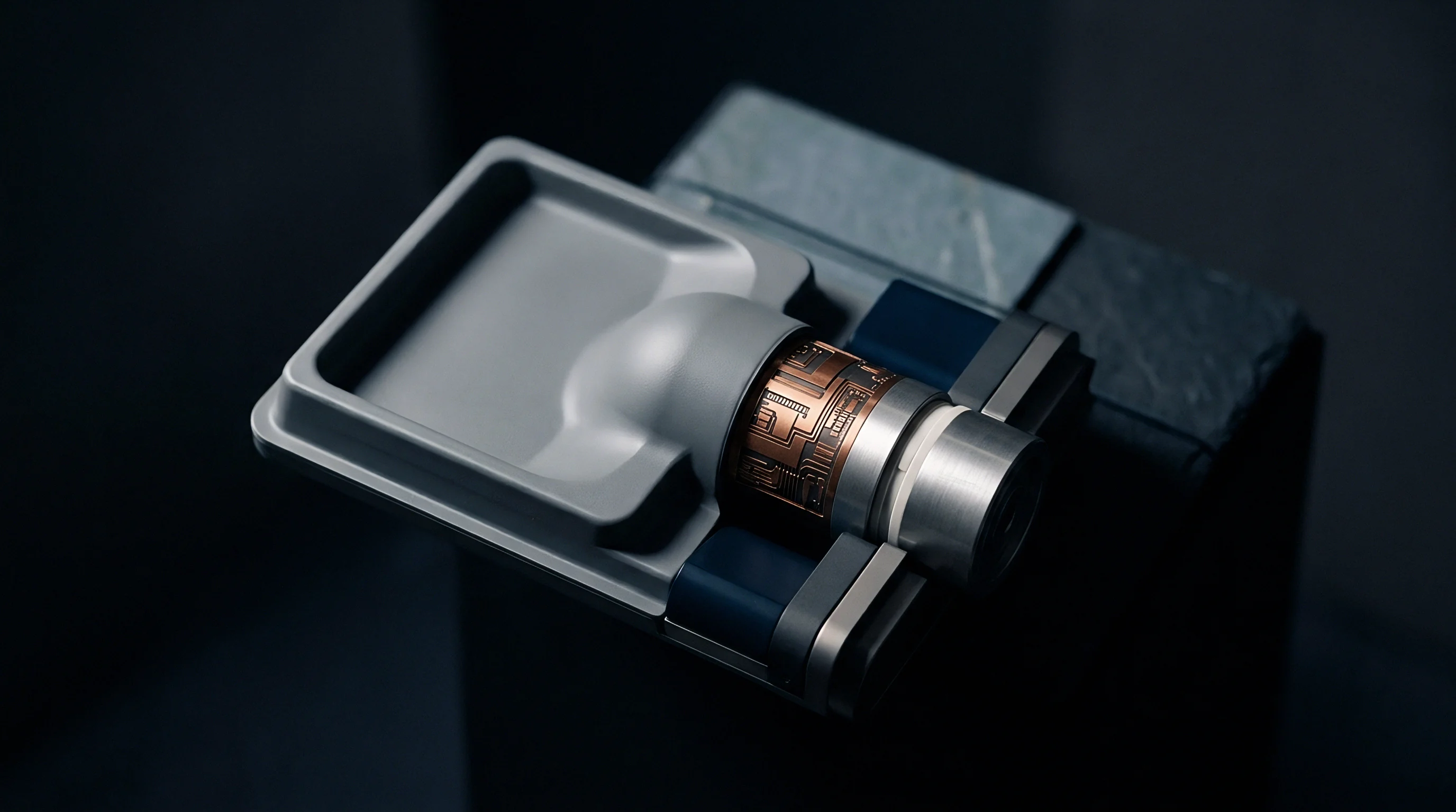Integrated connectivity hardware features patterned copper circuitry nested in grey modular polymer housing situated on a dark geometric base.