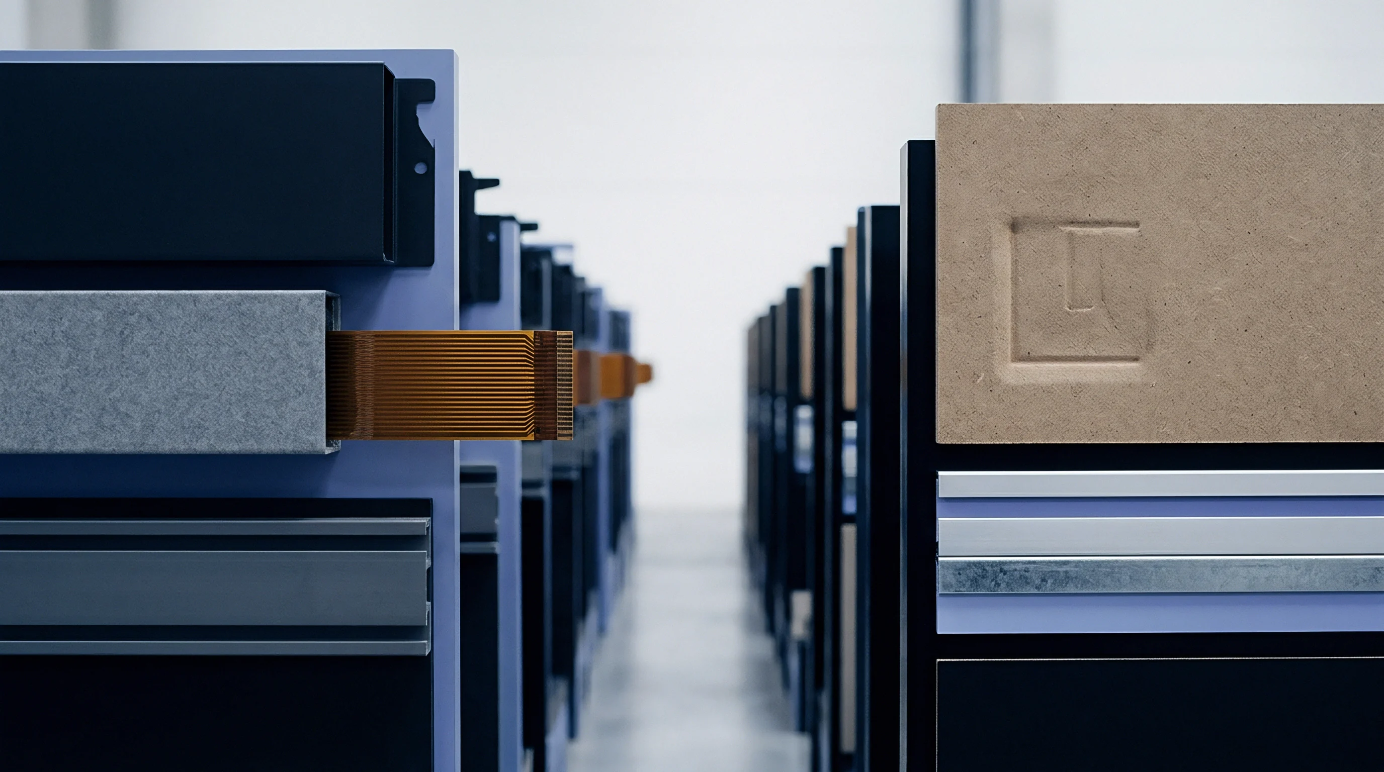 Rows of metal housings with protruding flexible ribbon cables stand parallel to rows of textured protective packaging blocks.
