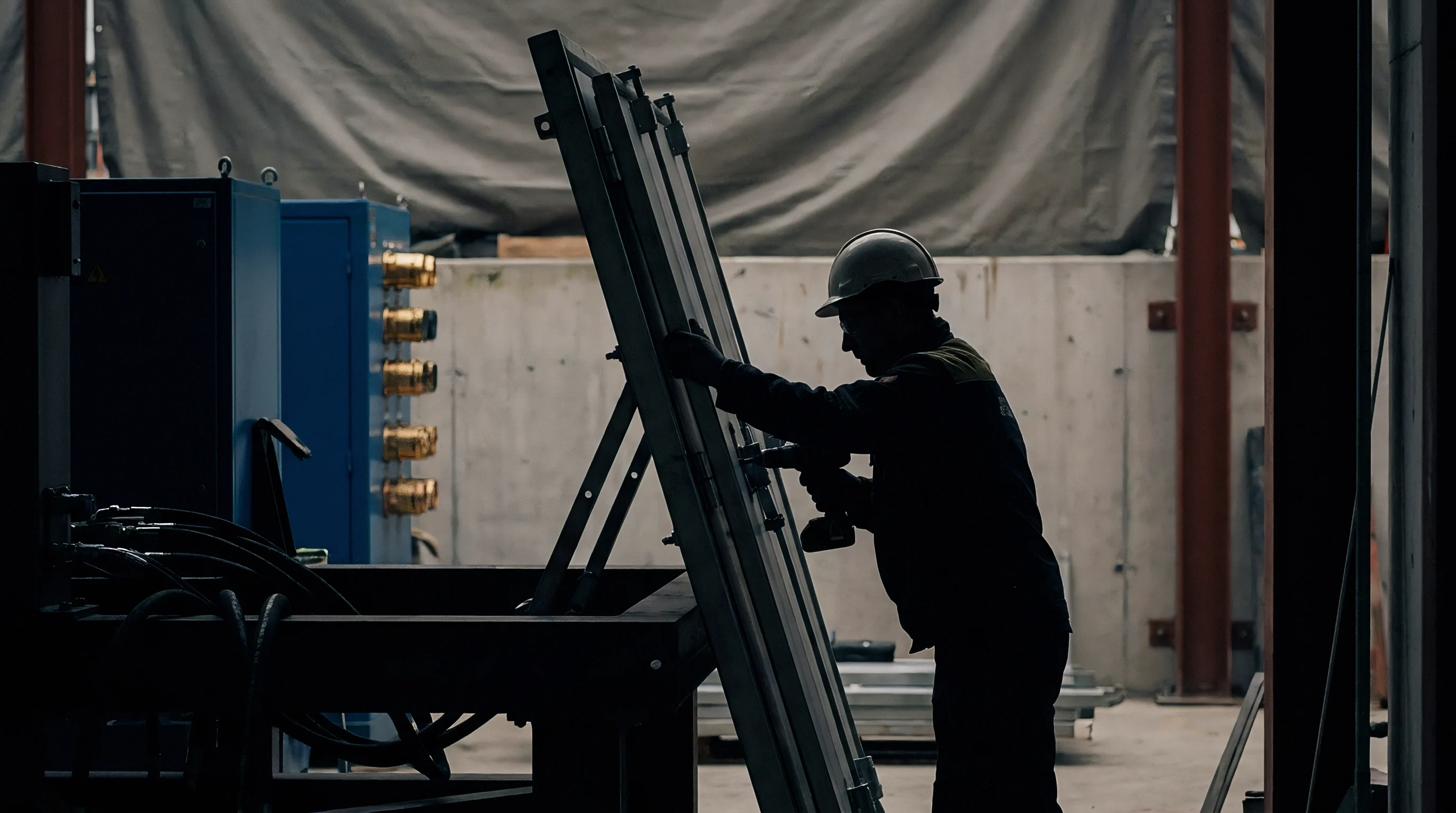 A worker in a hard hat uses a drill to affix a component to an industrial panel within a manufacturing facility housing complex equipment.