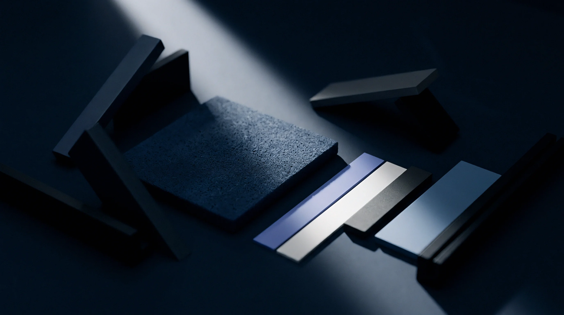 Rectangular material components and a textured square plate rest on a dark surface under a single diagonal beam of directional illumination.