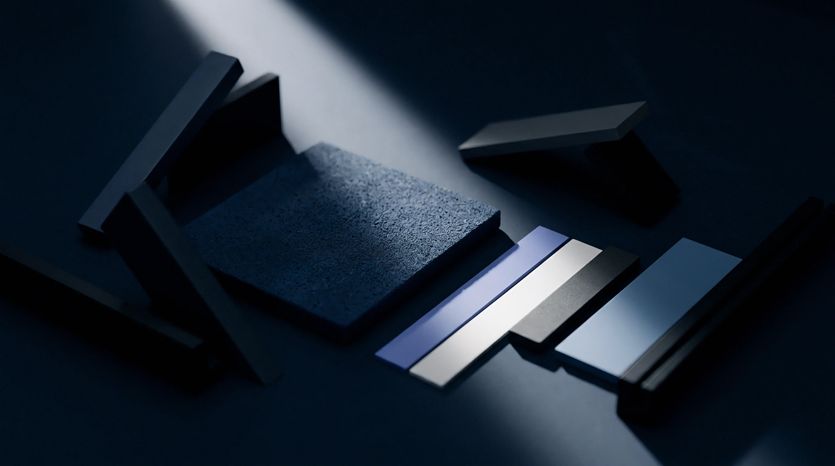 Rectangular material components and a textured square plate rest on a dark surface under a single diagonal beam of directional illumination.