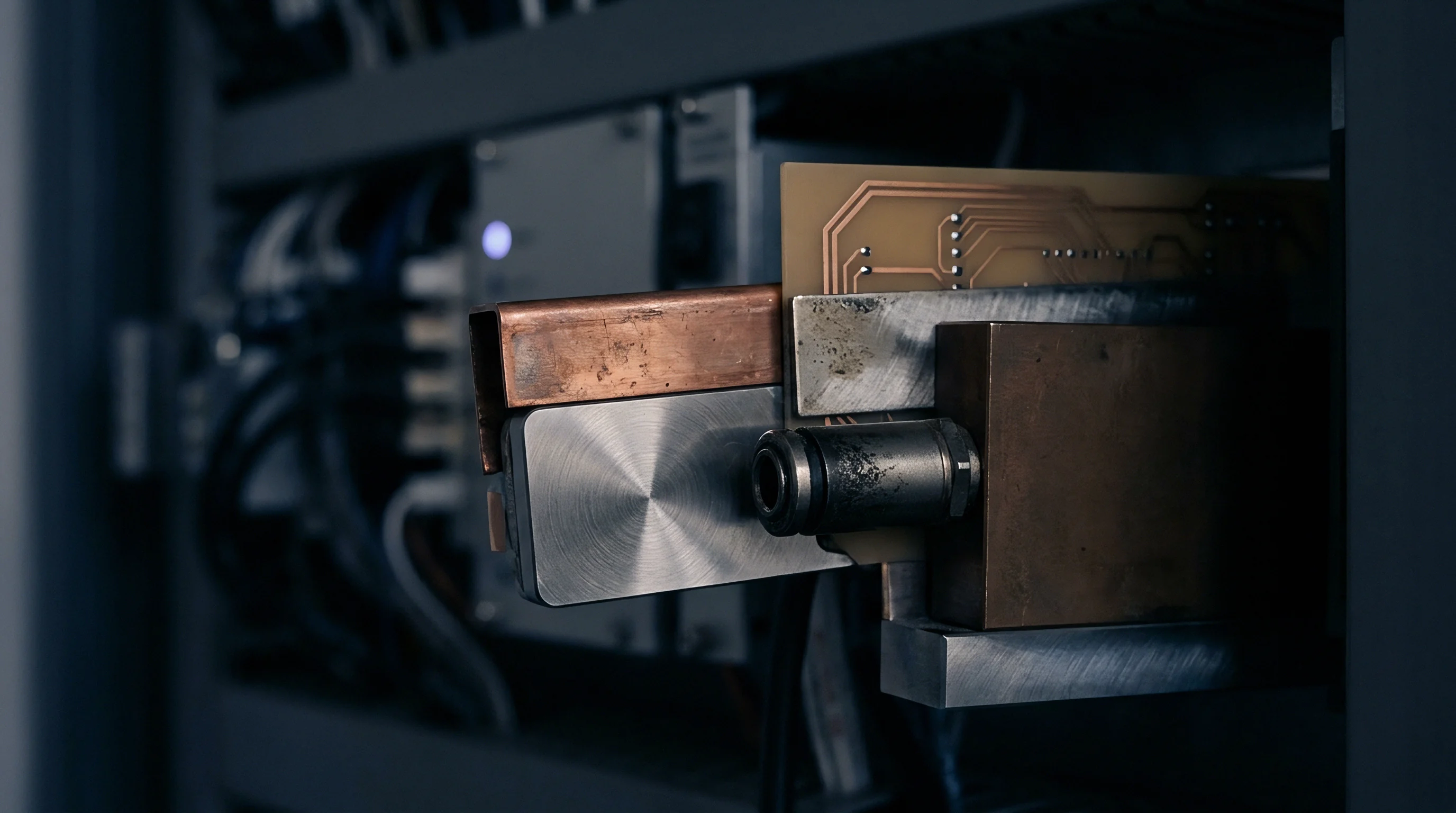 A copper contact assembly and machined metal blocks hold a printed circuit board inside an industrial integration rack for wireless hardware production.
