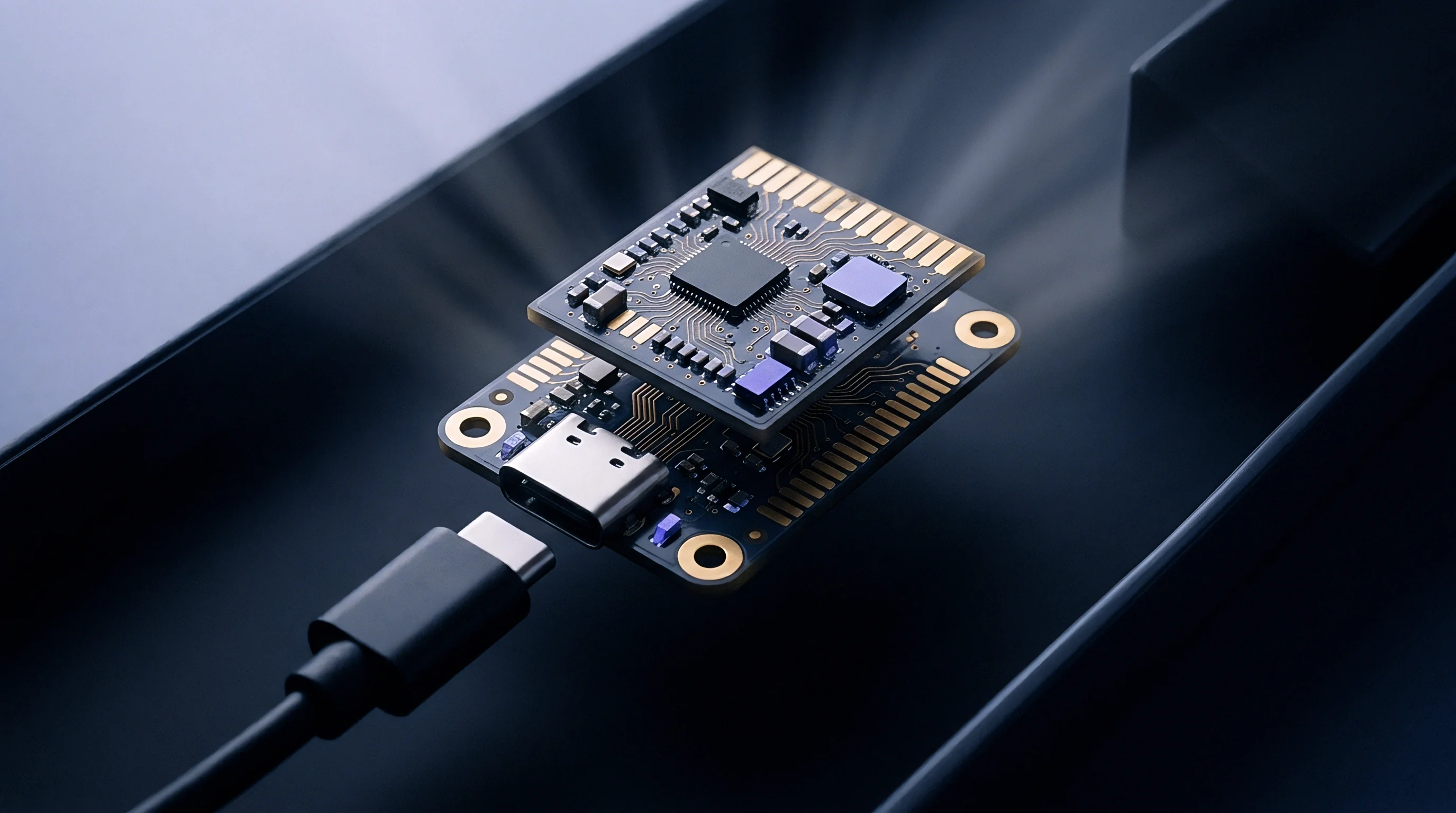 A modular circuit board assembly featuring a mezzanine processor card rests above a base controller board with an integrated usb type c connector.