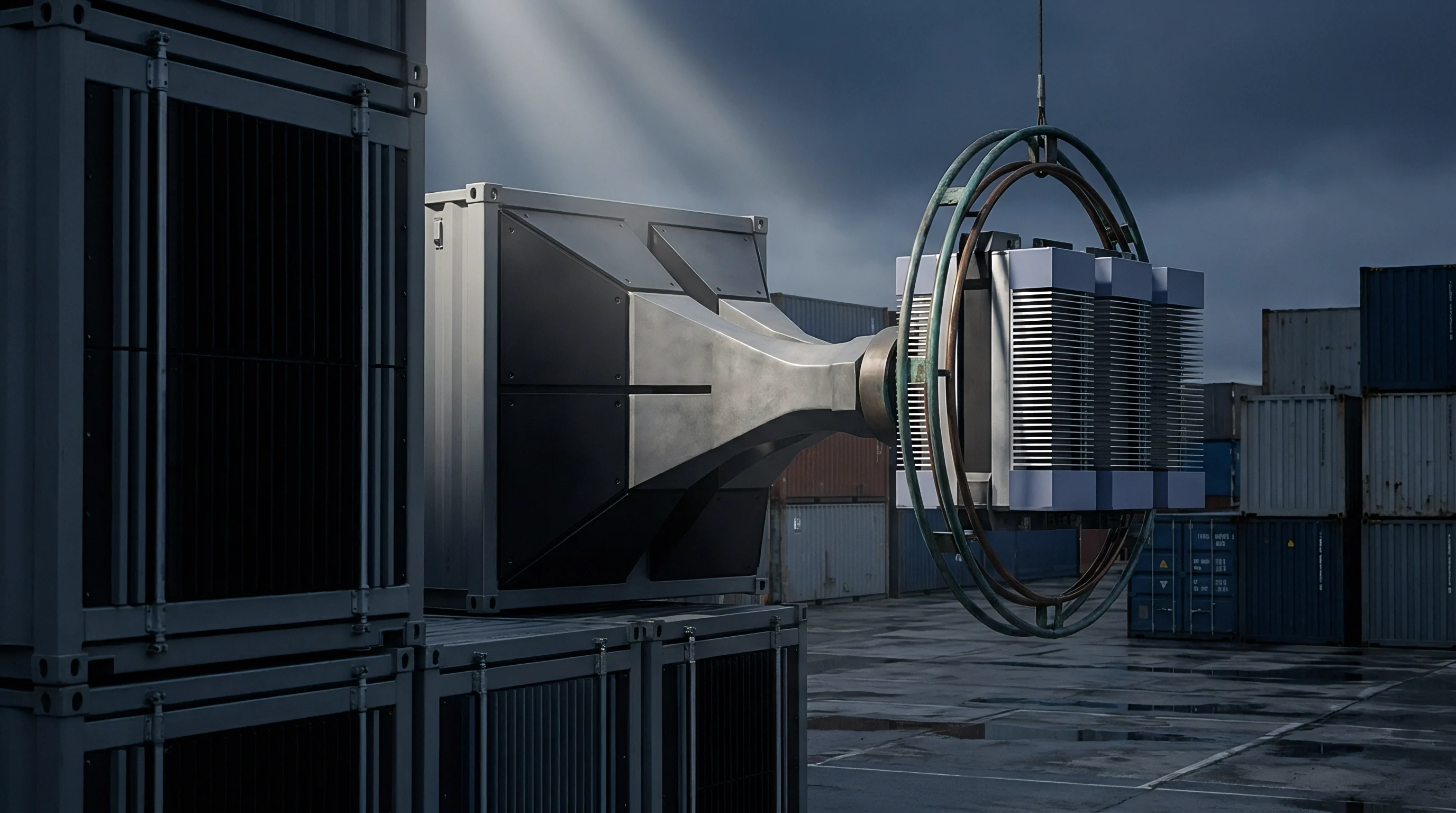 A modular transmission render features communication modules fixed to an industrial housing unit within a clustered container terminal yard.