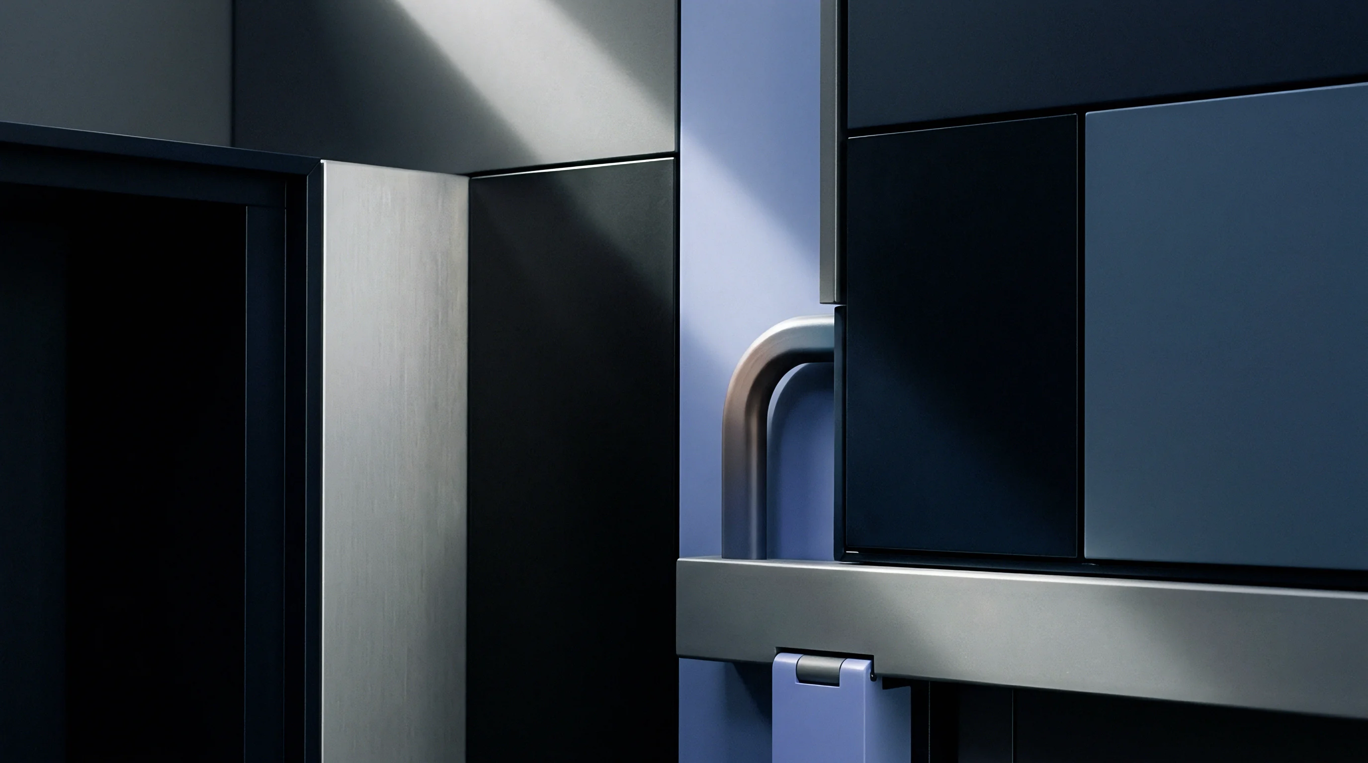 Metallic chassis components and matte panels in a digital render form the interlocking housing structure for integrated telecommunications hardware.