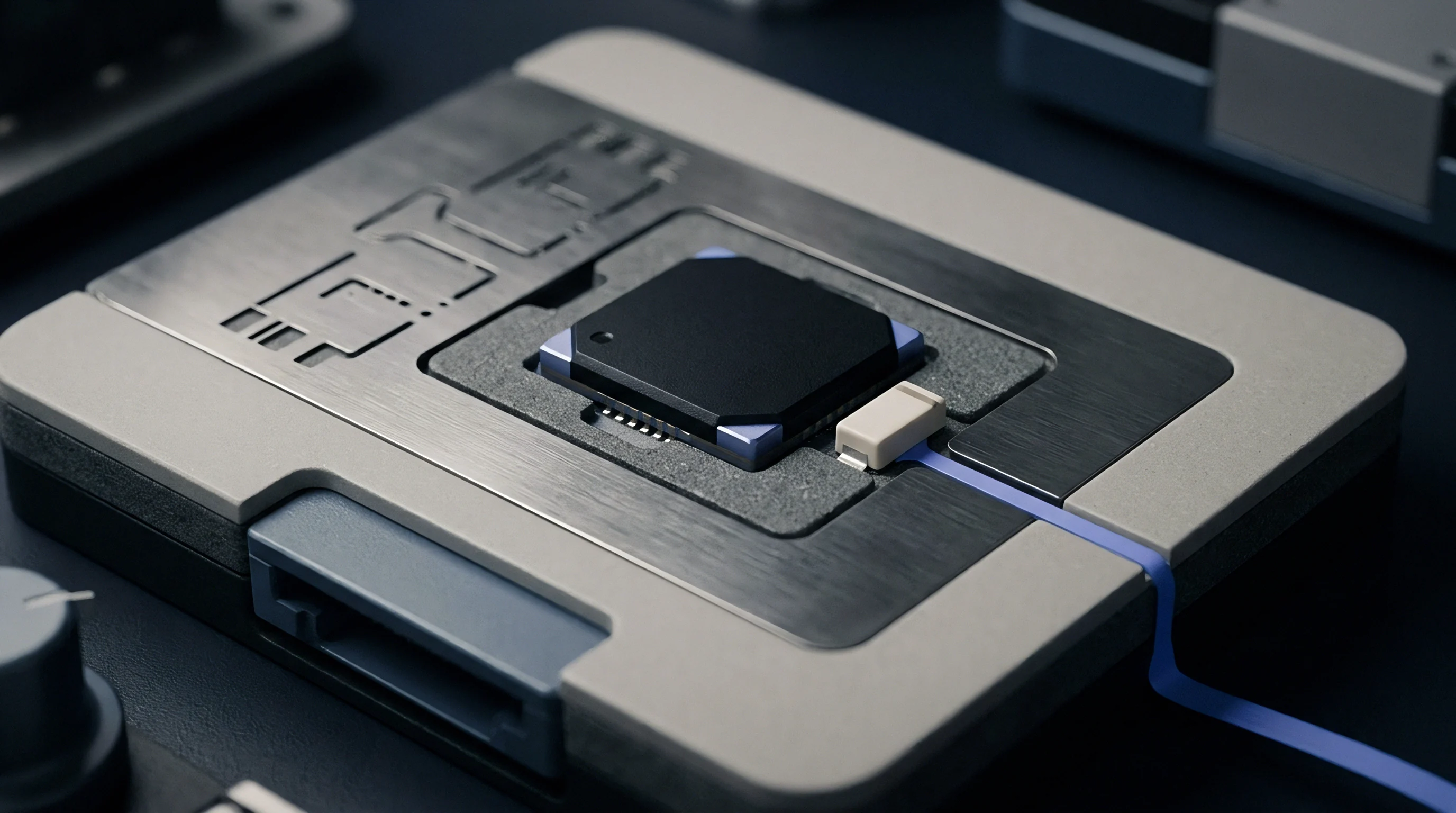 A contemporary modular device features a central embedded processing module set within a brushed metal plate and a light grey casing.