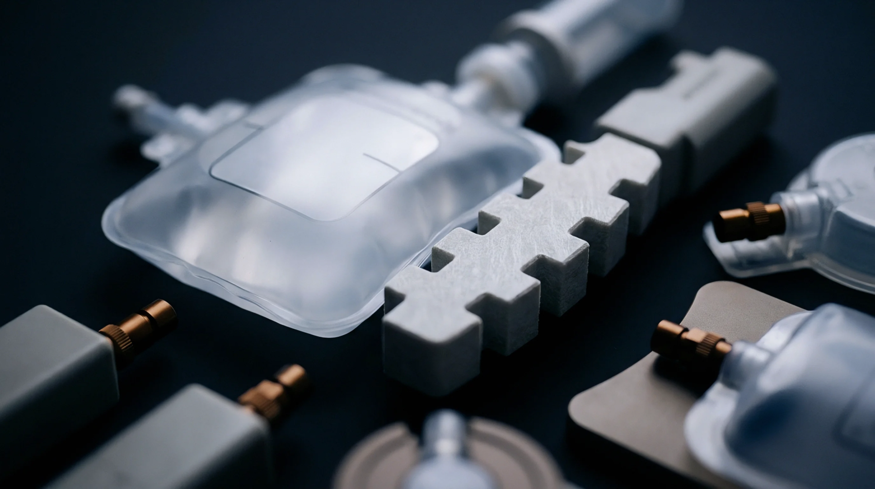 A sterile interlocking modular connection system links fluid bags and precision adapters on a dark background.