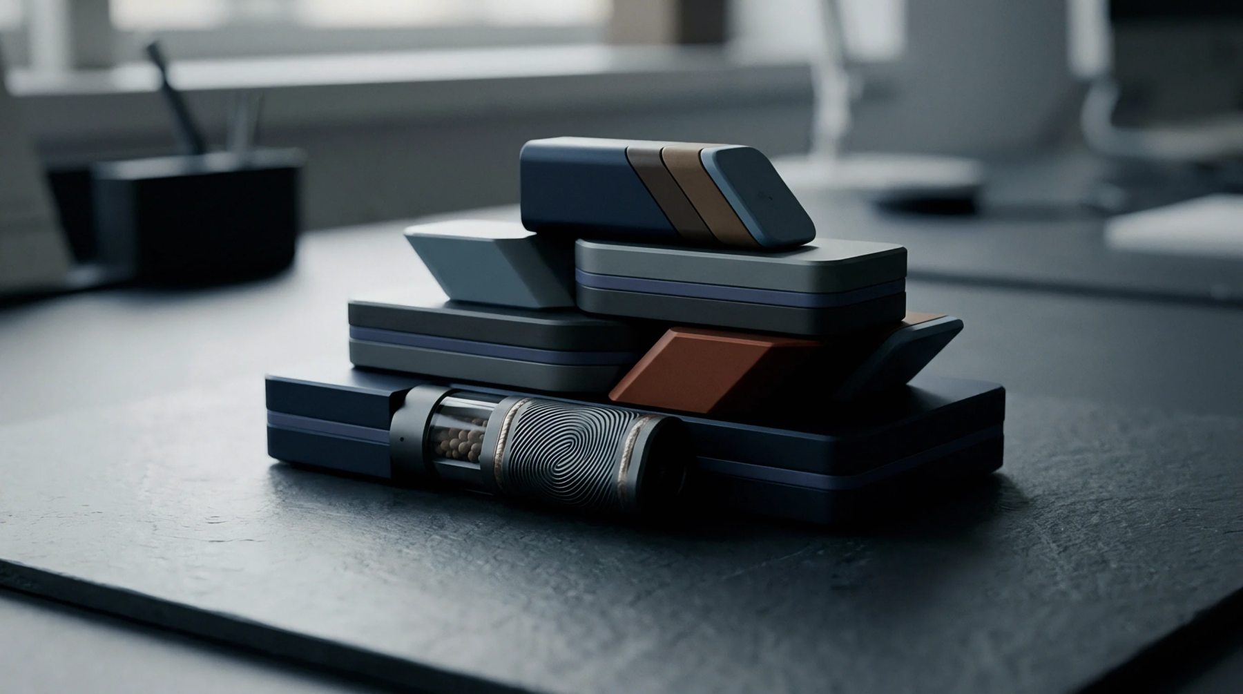 Multiple rectilinear modular housings and one textured cylindrical unit rest on a dark matte industrial workbench in this digital render.