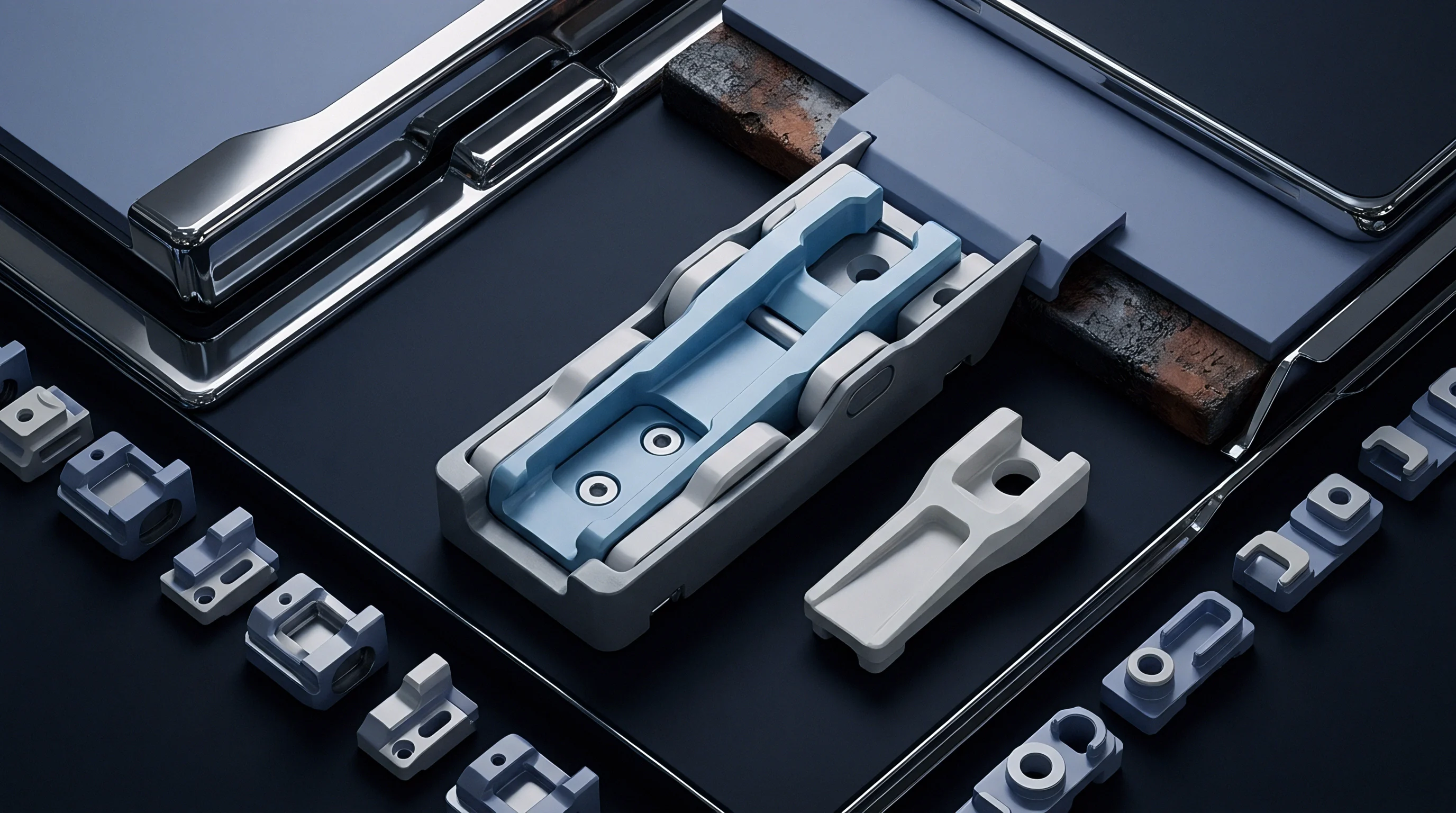 Multiple grey and blue interlocking resin housings for radio frequency modules occupy a dark matte surface adjacent to a slim metal device frame.
