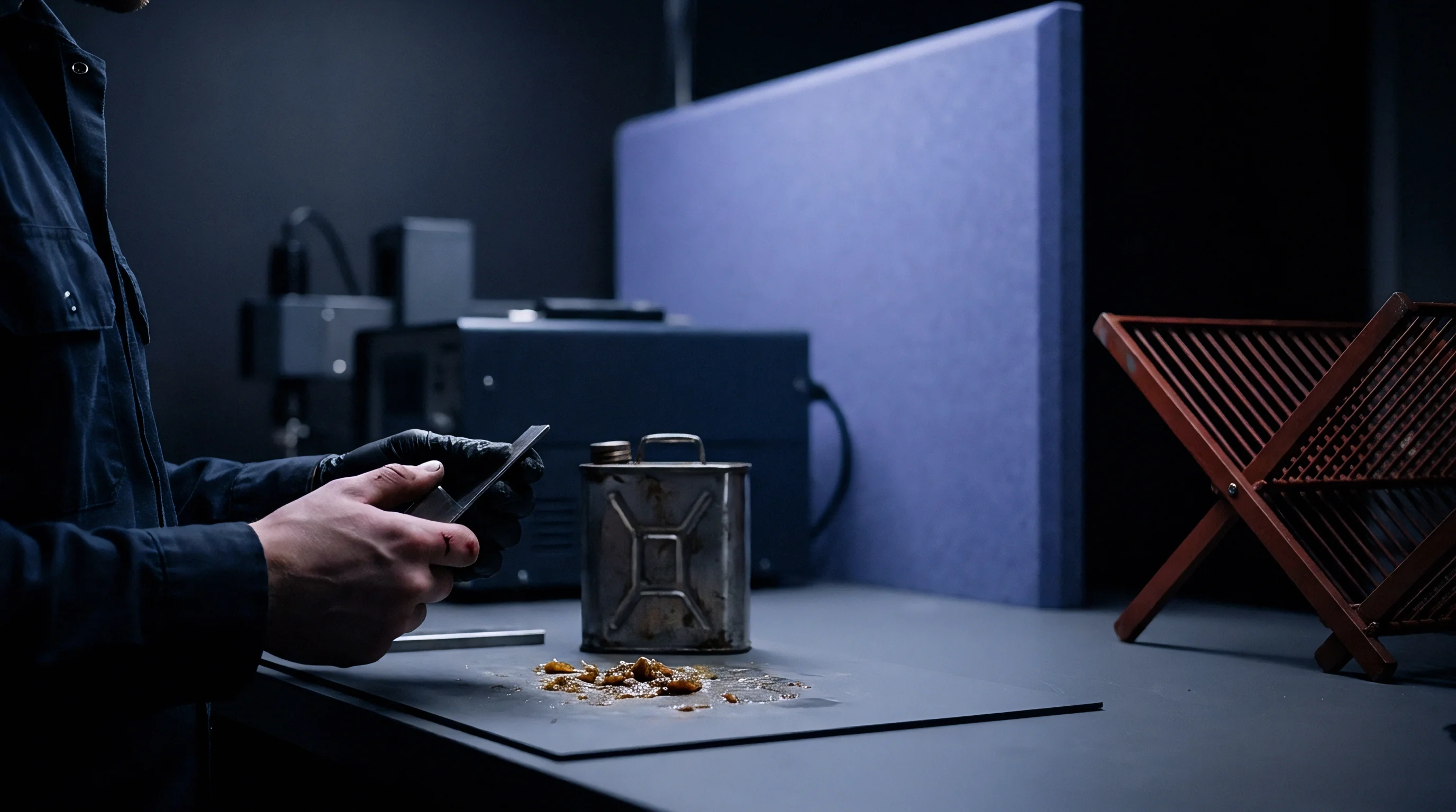 Precision machining refines a metallic housing component on a workspace surface containing industrial residue and equipment.