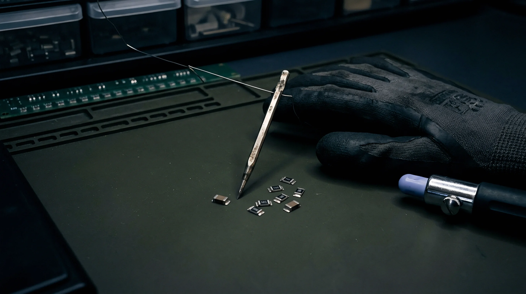 Small surface mount device components lie on an anti-static work mat next to a fine-tipped tool and a protective glove.