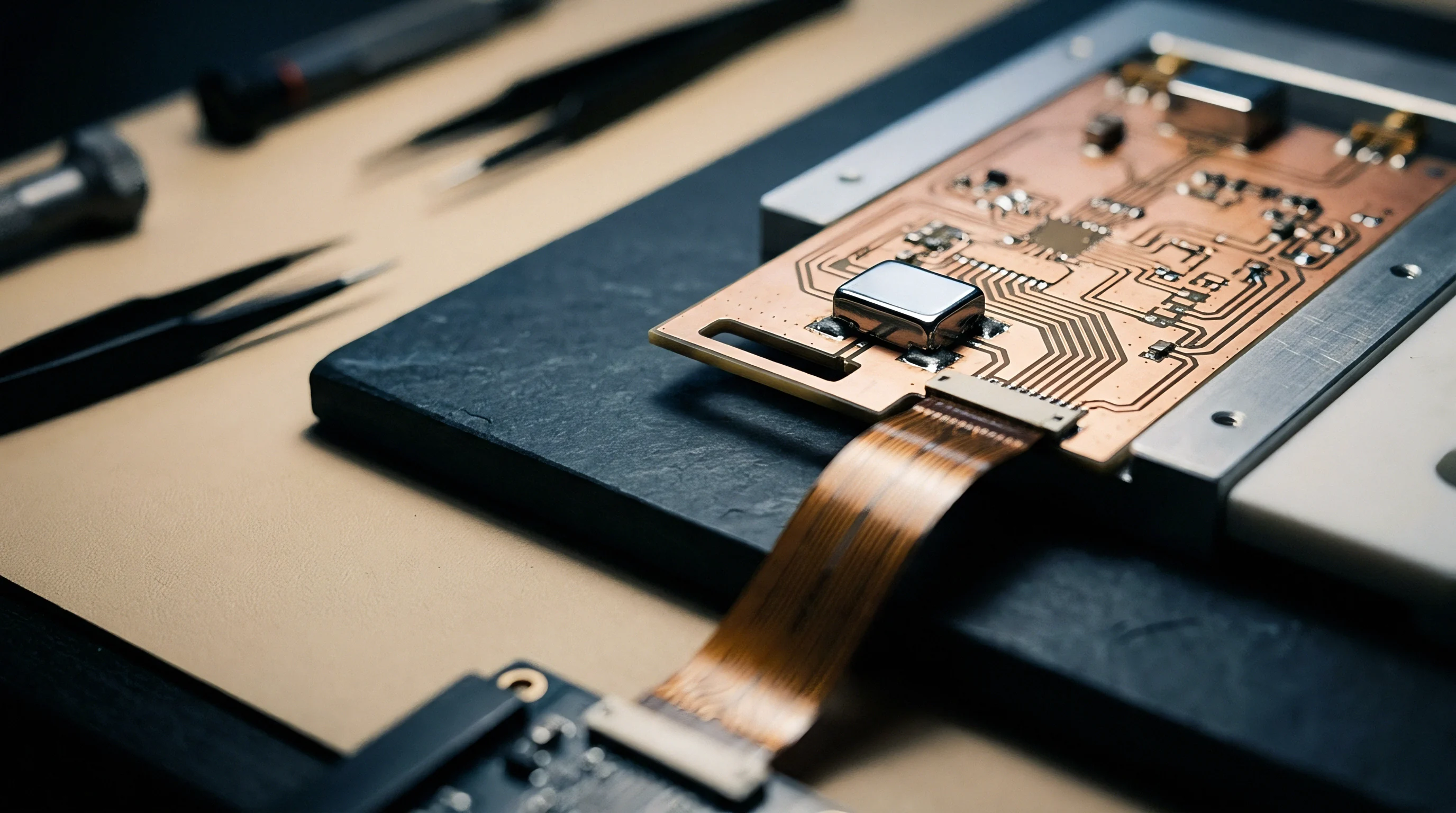 This image displays a copper printed circuit board with electronic components and a flexible flat cable connected to another module.
