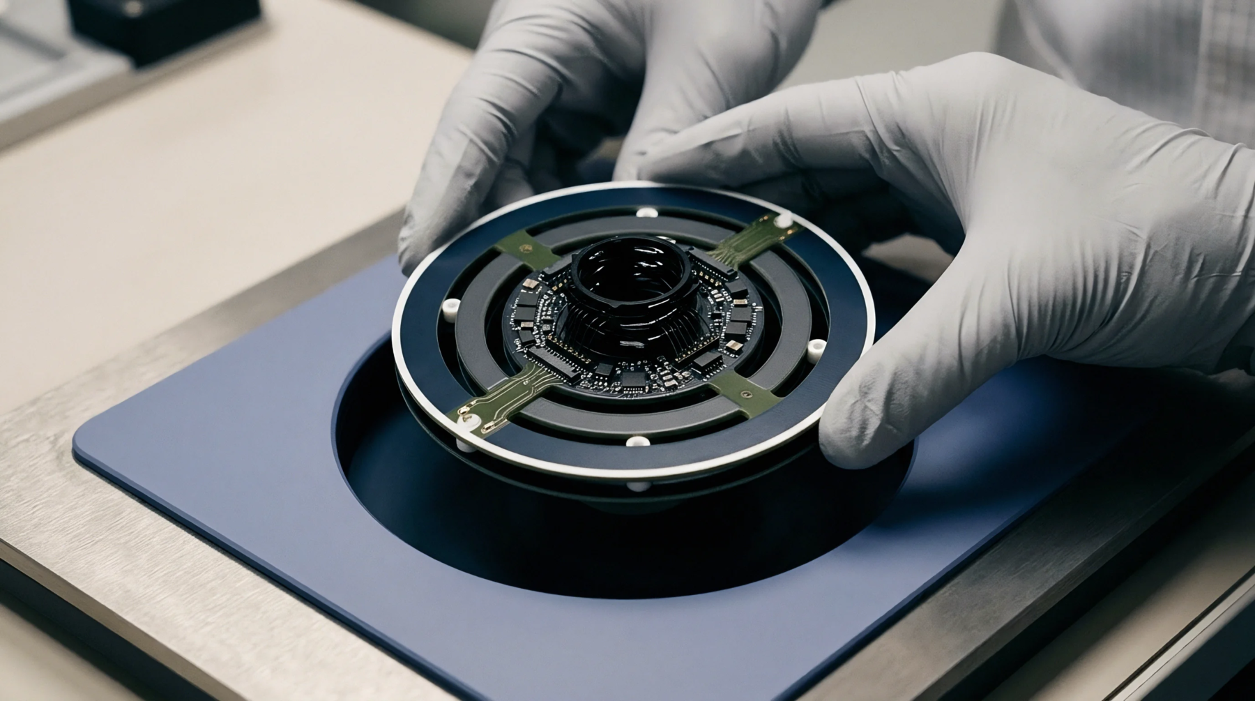 Technician hands in white gloves manipulate a circular high frequency electronic module containing integrated circuitry for telecommunications systems assembly.