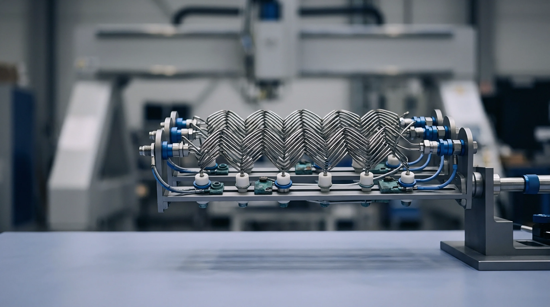 A linear array of metal resistive elements is mounted on an industrial test platform with blue insulated connections.