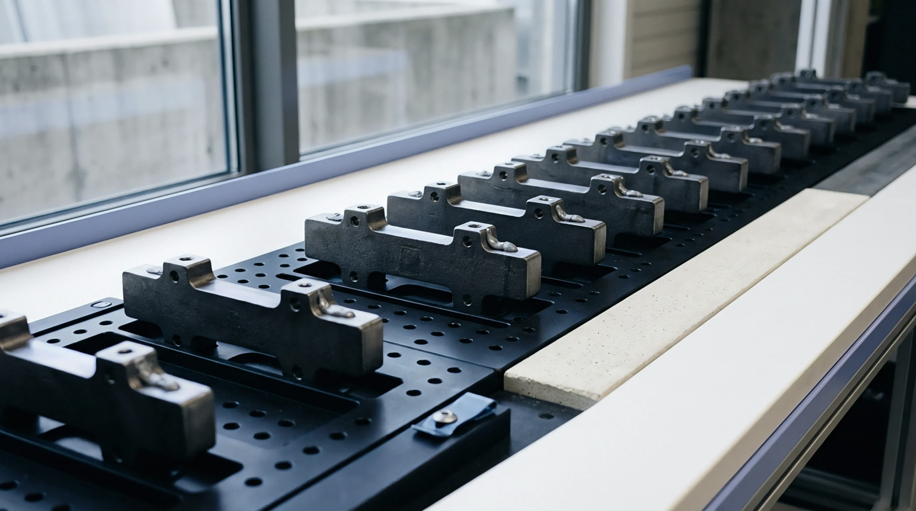 Rows of machined metal components rest on black perforated baseplates atop a clean white laboratory workbench next to a large window.