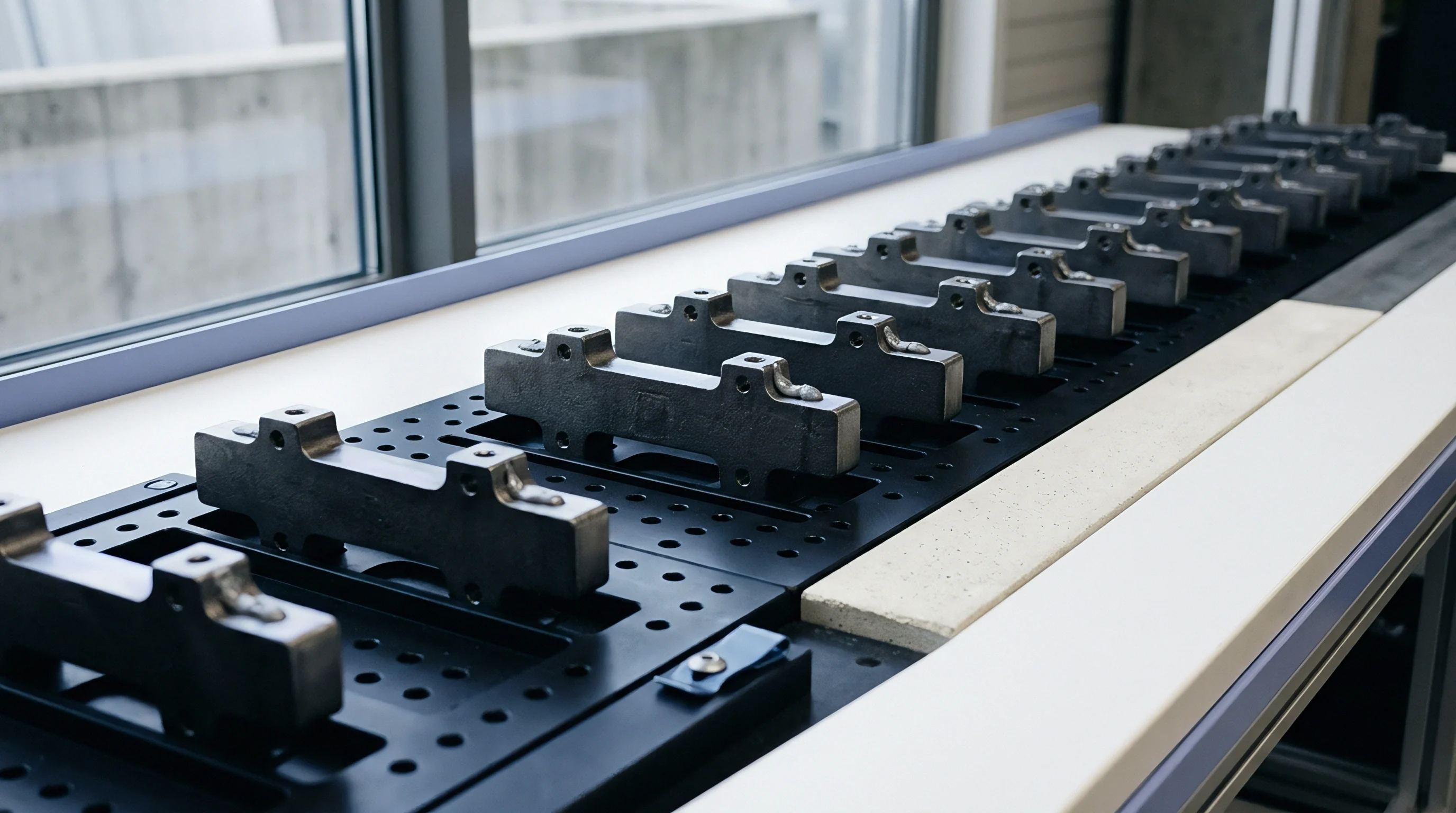 Rows of machined metal components rest on black perforated baseplates atop a clean white laboratory workbench next to a large window.