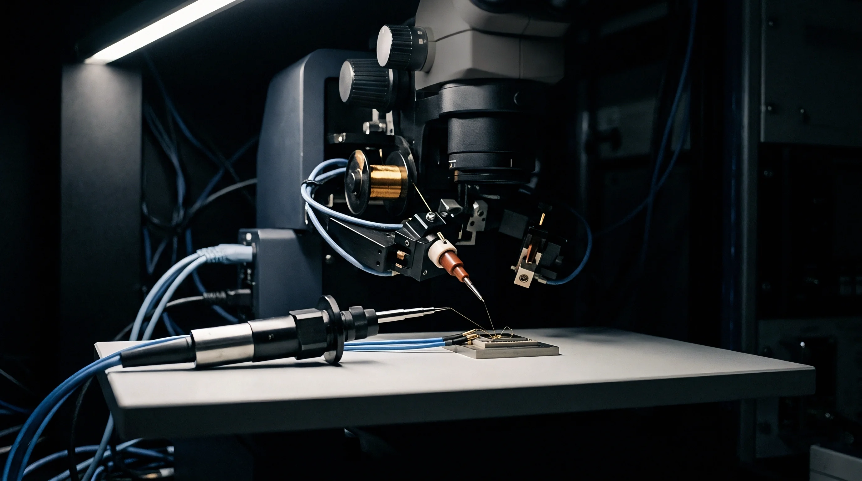 This advanced microprobing setup presents fine-tipped probes making contact with a device under test on a stable platform.