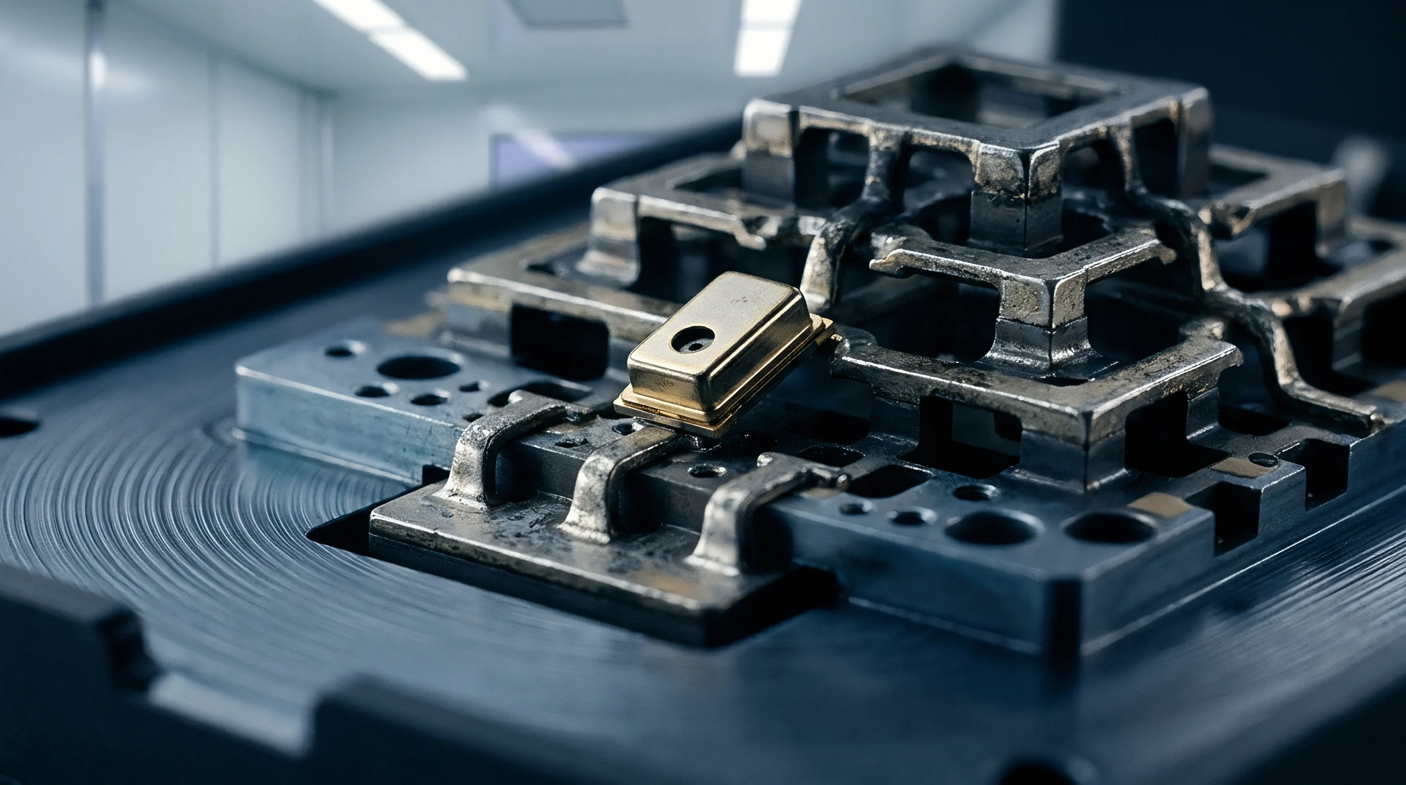 A metallic radio frequency housing holds a gold tone oscillator component within a cleanroom environment for precise wireless signal processing integration.