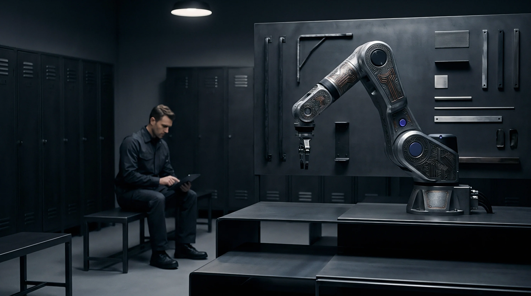 A lone engineer uses a digital tablet while a sophisticated robotic arm stands ready on a workbench in a modern manufacturing or test facility.
